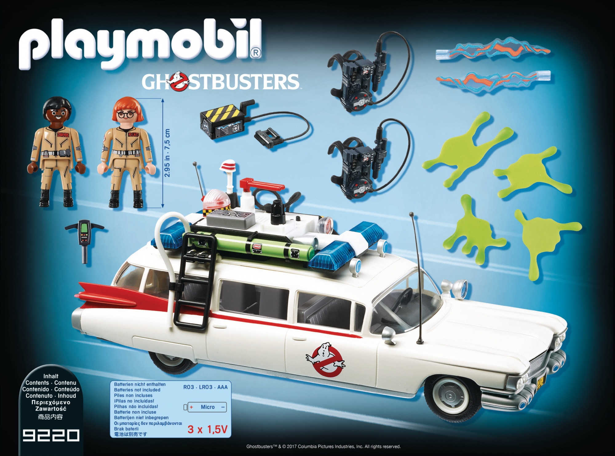 Zestaw Playmobil Ghostbusters: figurki, samochód Ecto-1, pakiety protonowe, pułapki na duchy i szlam. Samochód jest biały z logo.