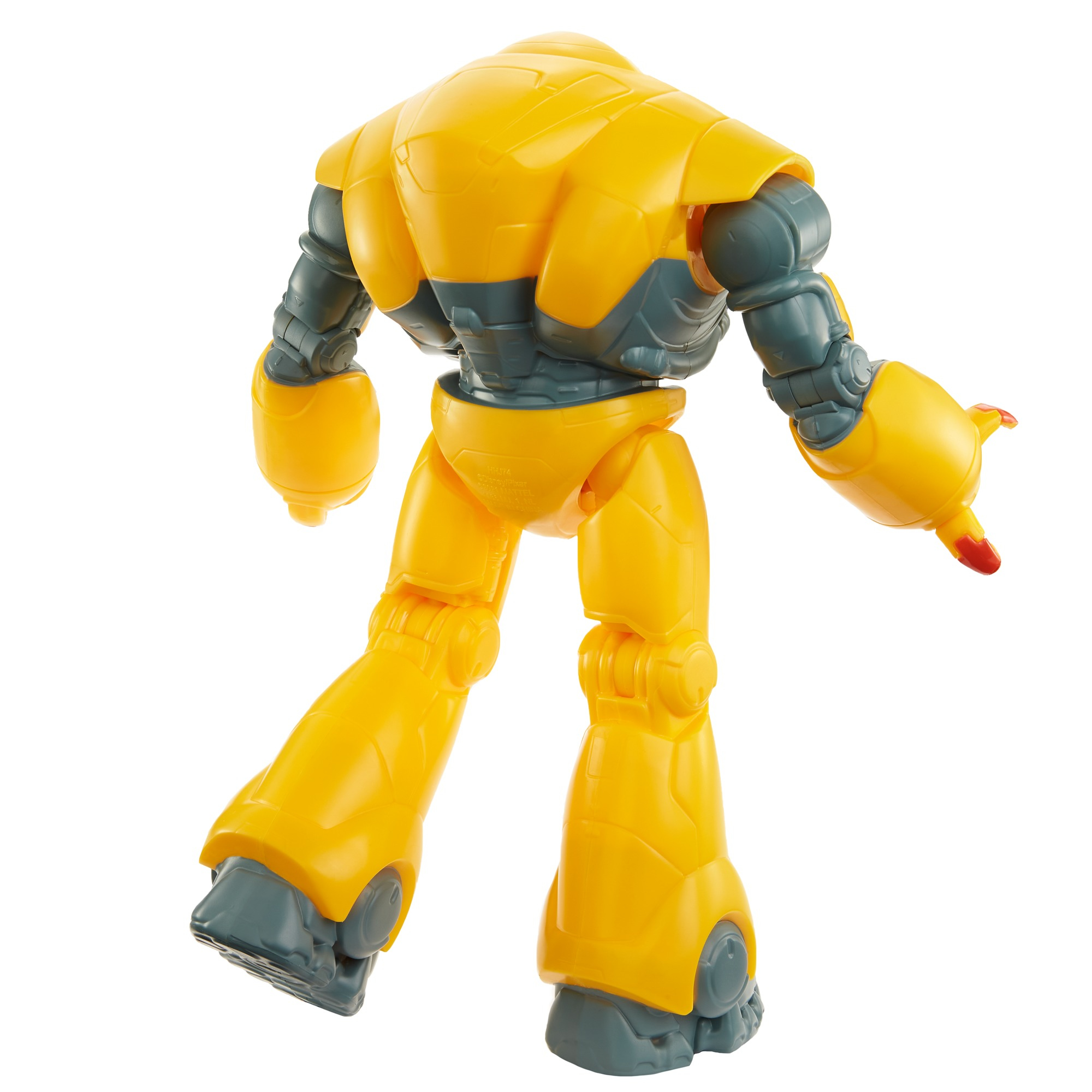 Vista posteriore di un robot giocattolo giallo con giunture grigie e punta delle dita rosse, su sfondo bianco, in posa dinamica.