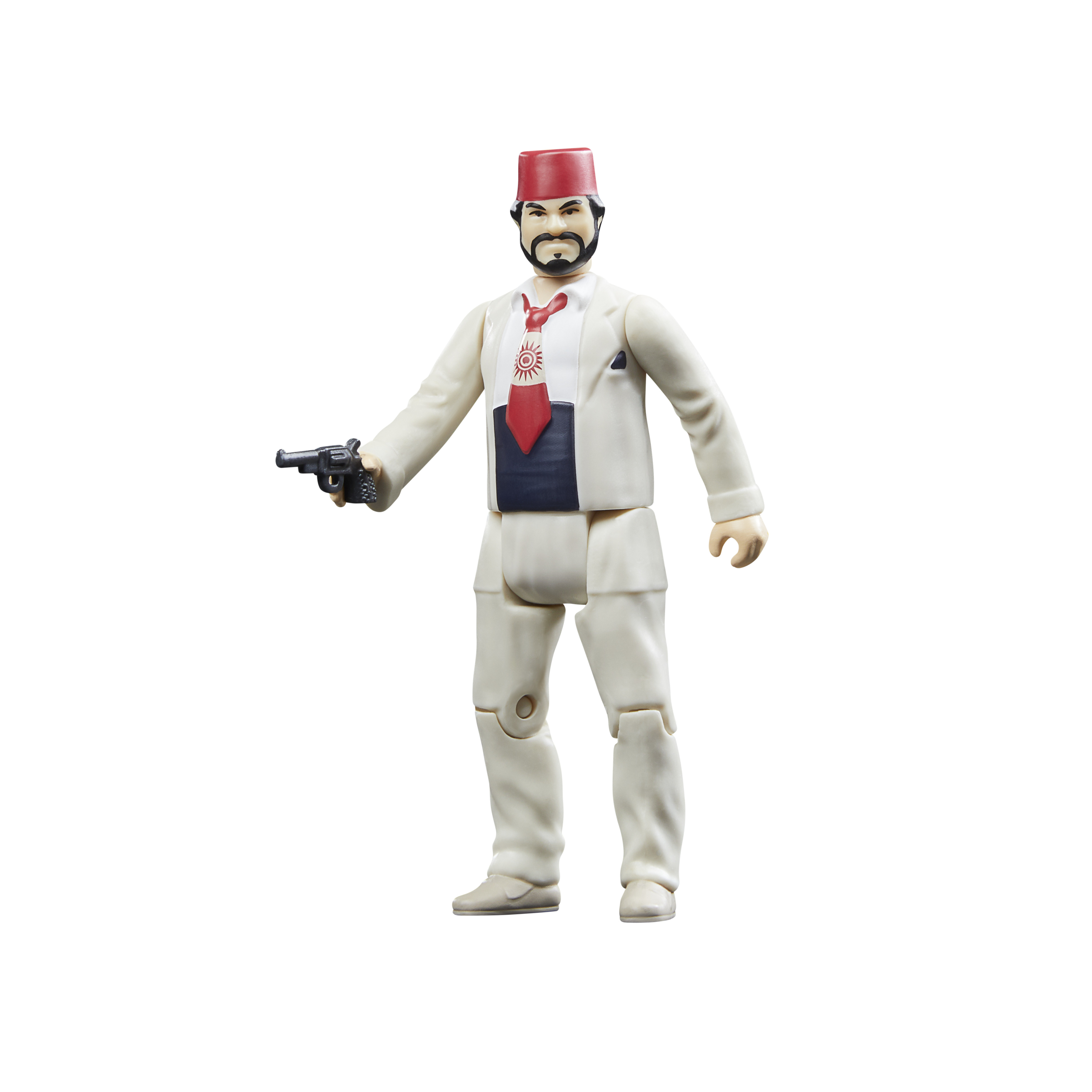 Una figura giocattolo in abito bianco e fez rosso tiene una pistola nera. La cravatta ha un disegno a sole. Sfondo bianco.