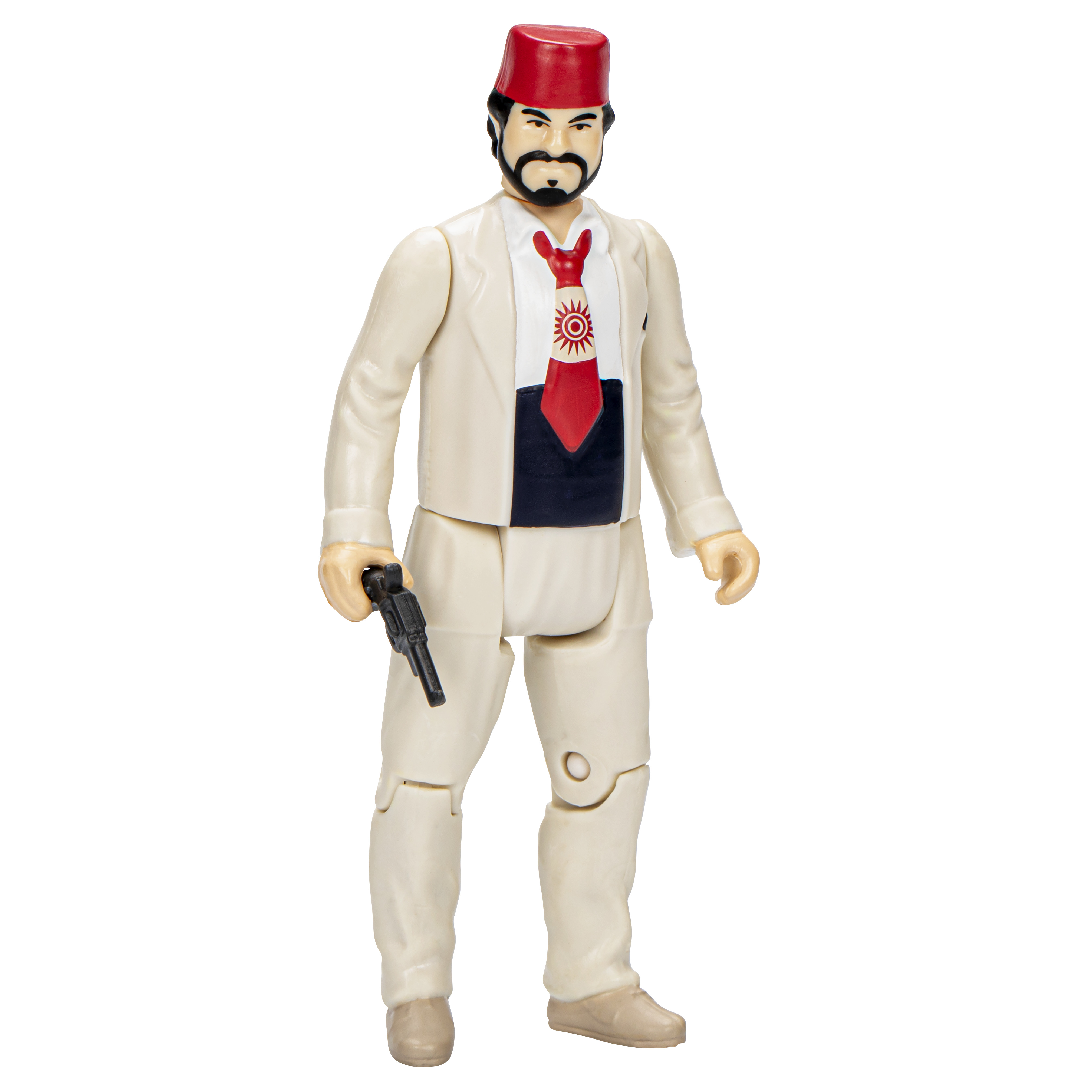 Una statuetta con abito bianco, fez rosso, cravatta con disegno a sole e pistola nera.