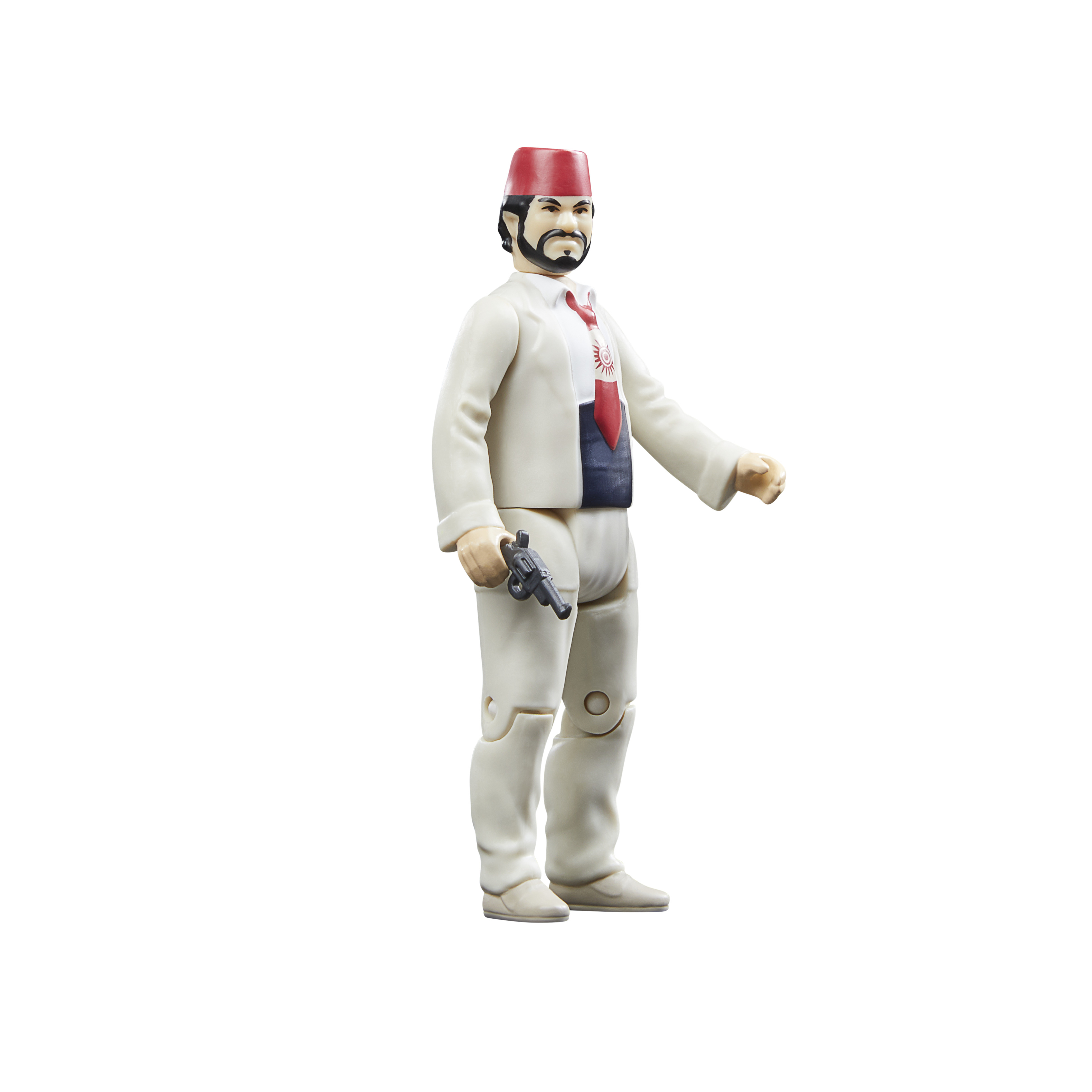Una figura in abito bianco e fez rosso tiene una pistola. Ha barba nera e cravatta rossa con un simbolo.