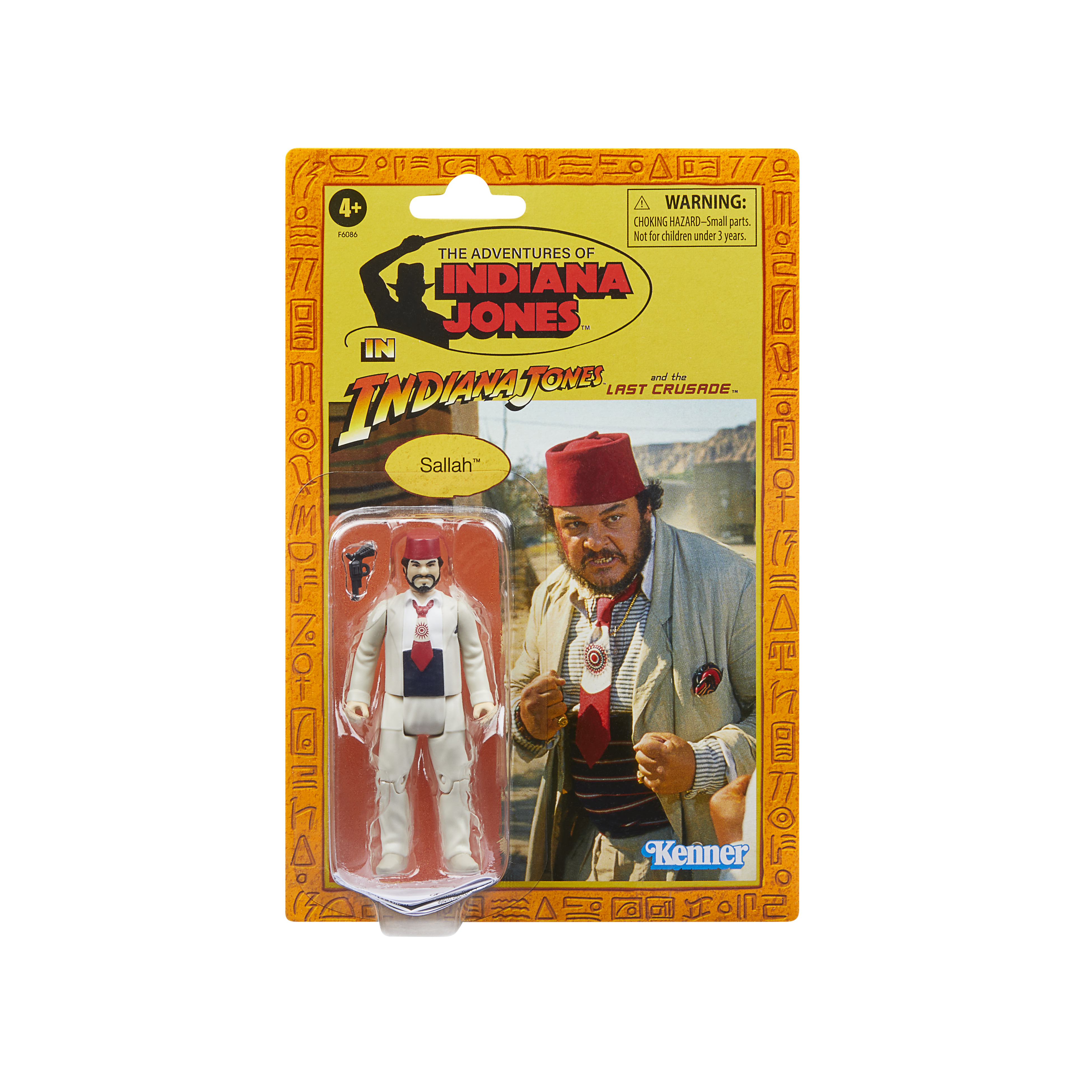 La confezione mostra un action figure di Indiana Jones. Presenta Sallah, con cappello rosso, abito bianco e cravatta rossa.