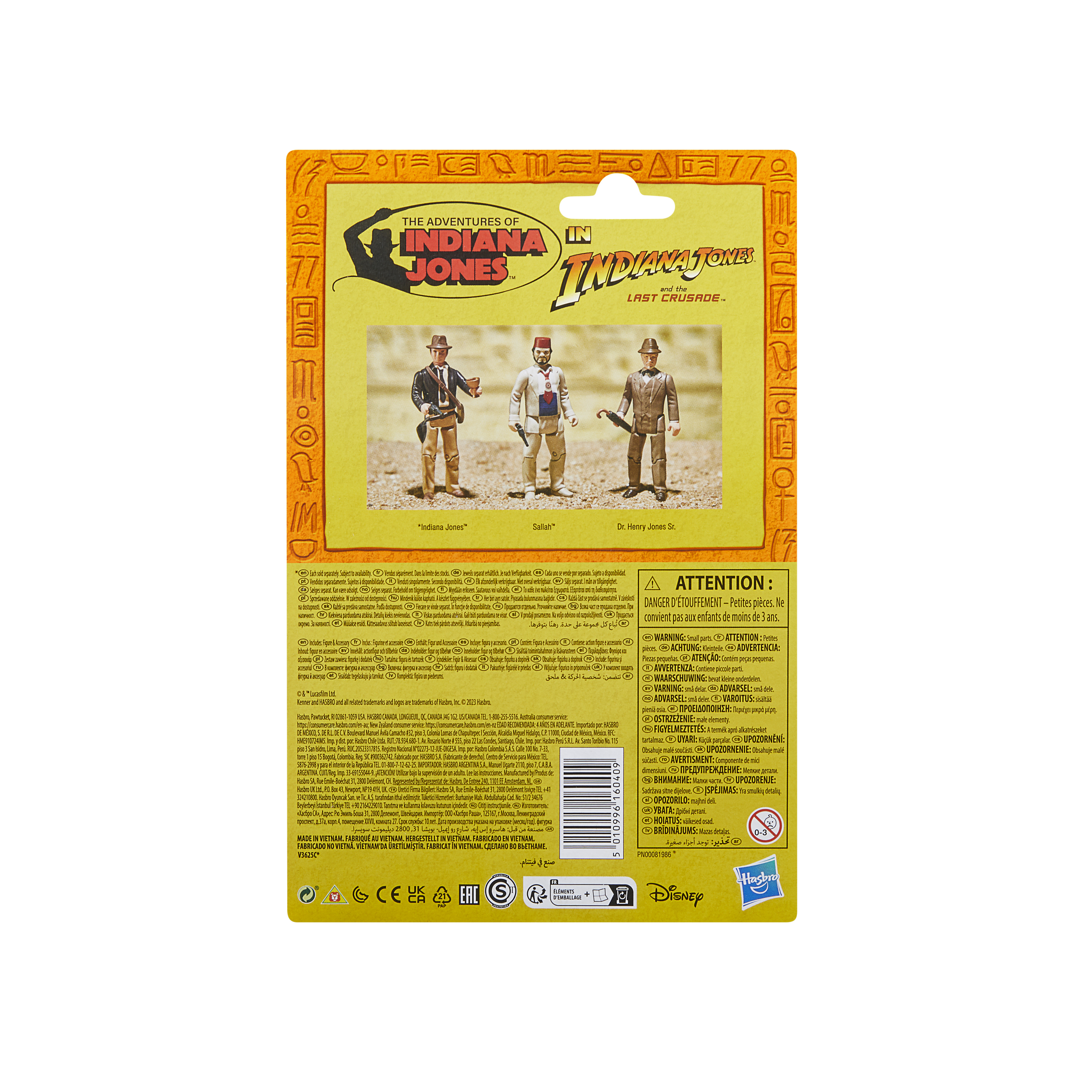 Confezione di cartone con tre personaggi di Indiana Jones e testo.