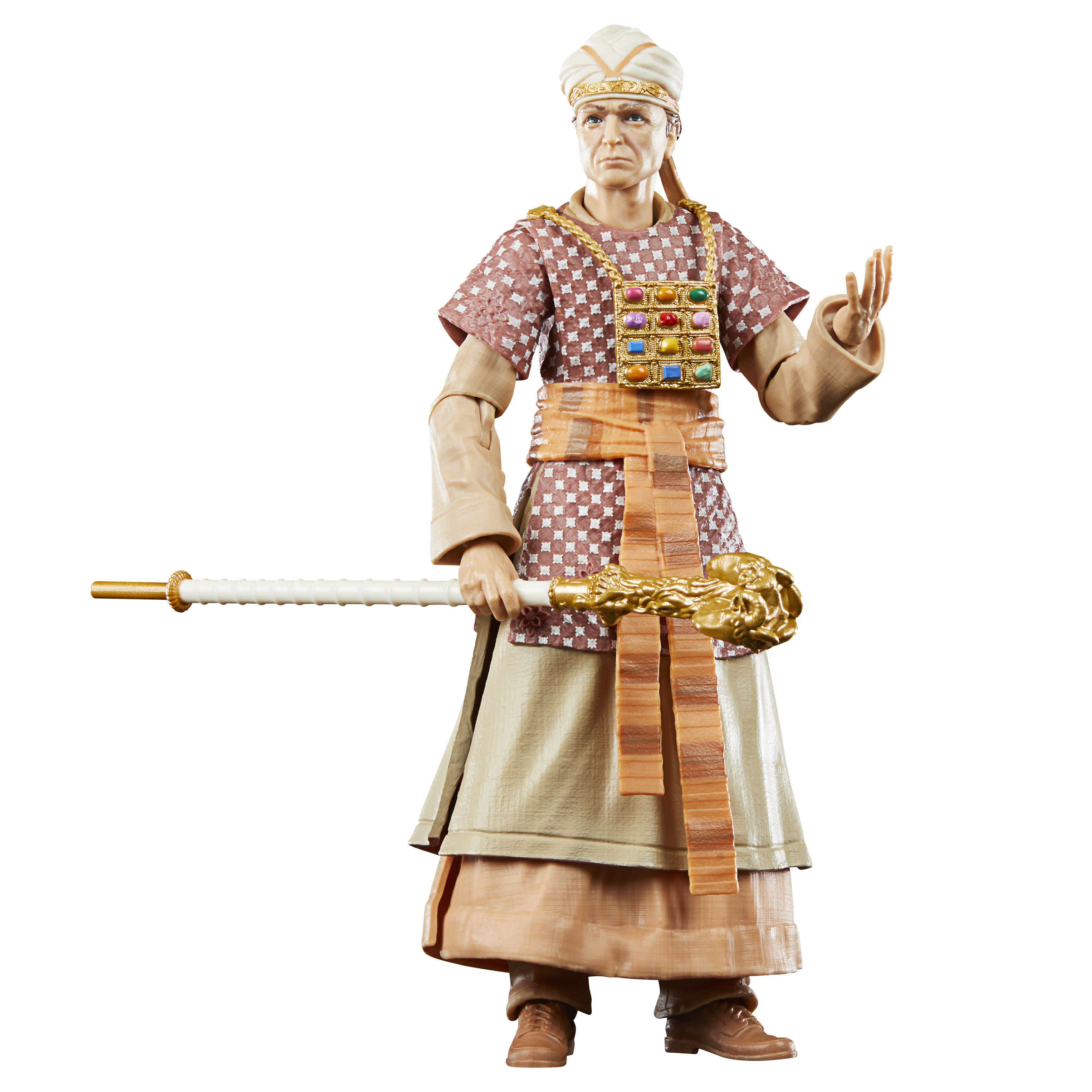 Statuina di un uomo in abito religioso, con un bastone. Indossa un turbante e un pettorale con gemme.