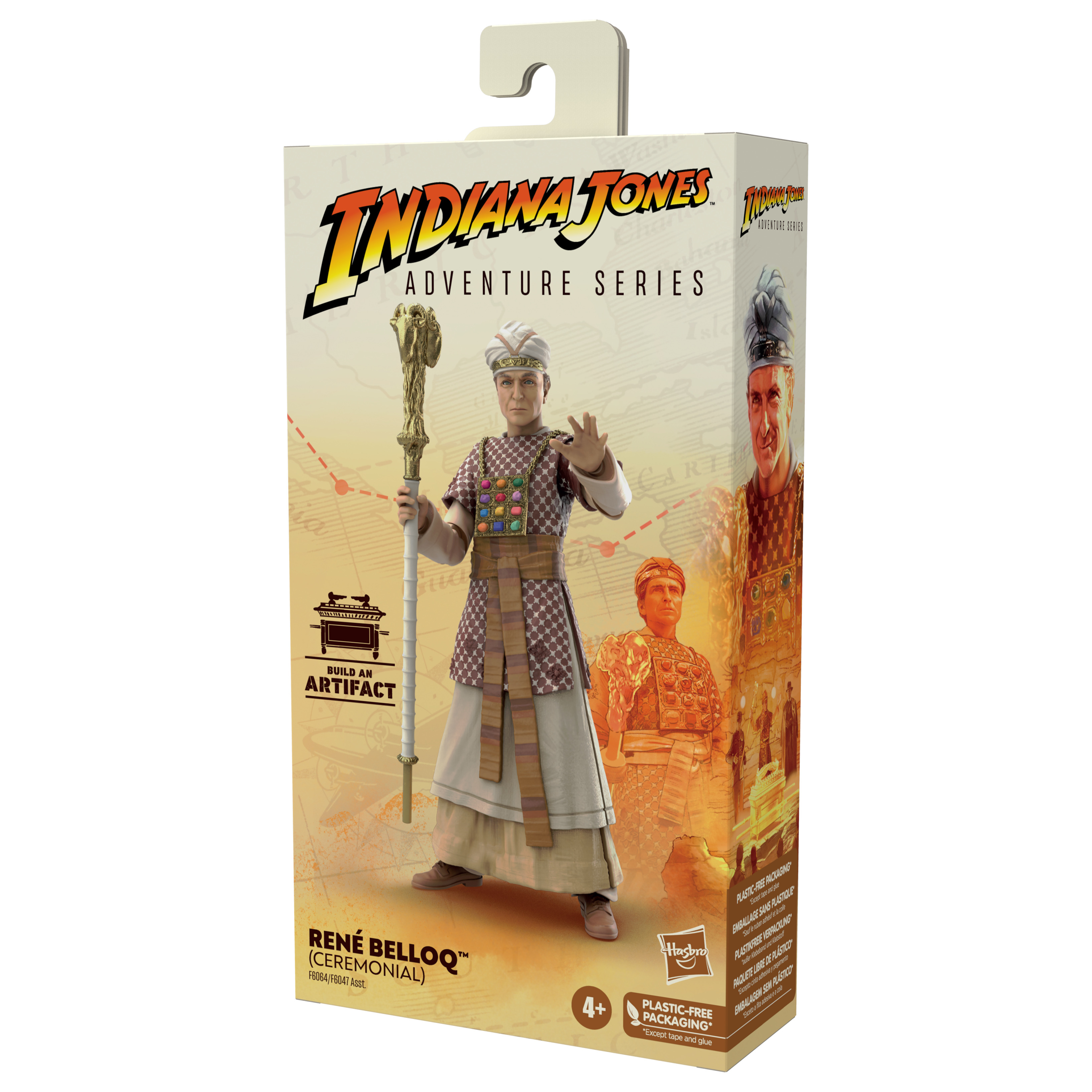Figura di Indiana Jones di René Belloq in scatola. La figura indossa abiti cerimoniali, con un bastone. La confezione ha grafiche.