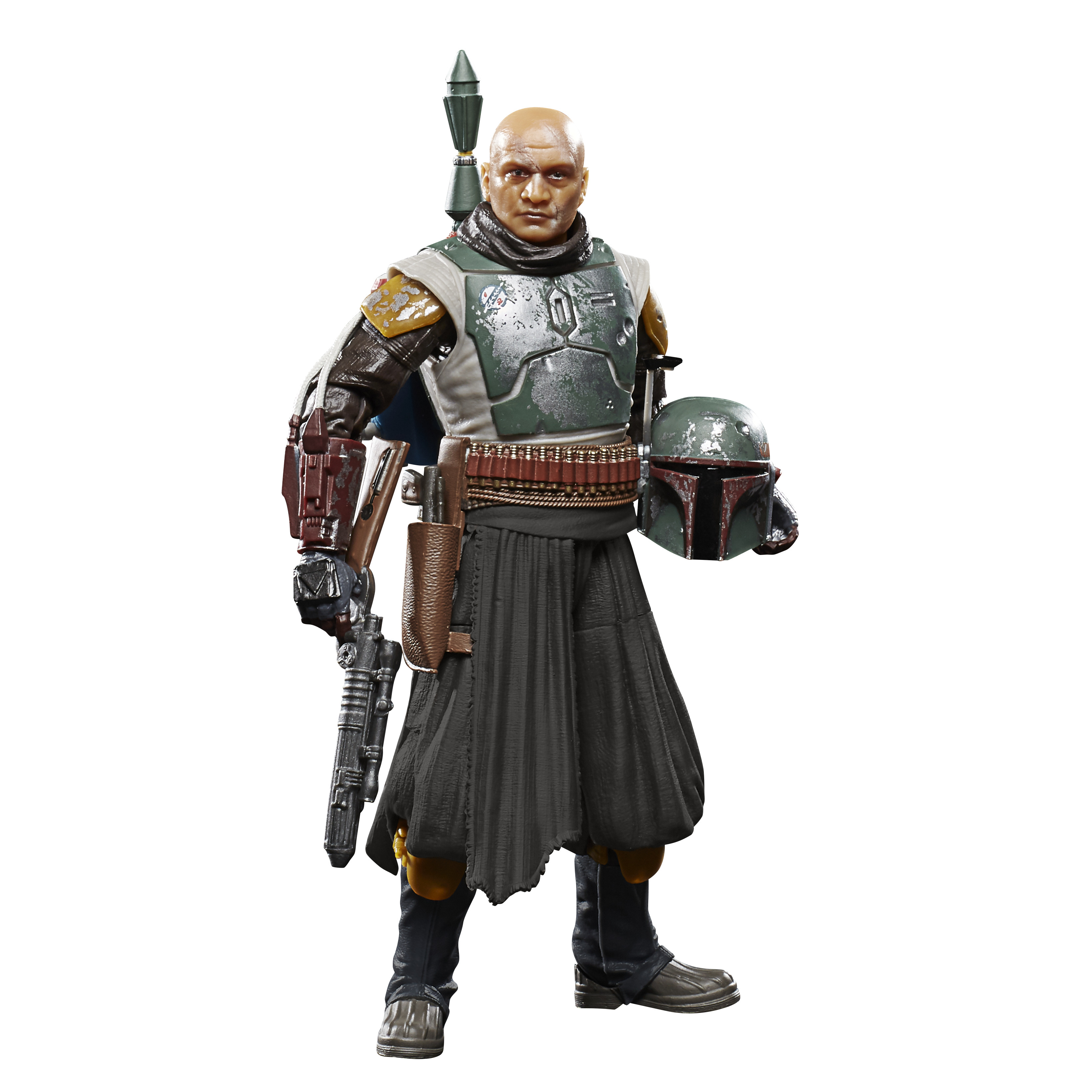 Action figure di Boba Fett. Testa calva, armatura verde, gonna nera, tiene il suo elmetto e un blaster.