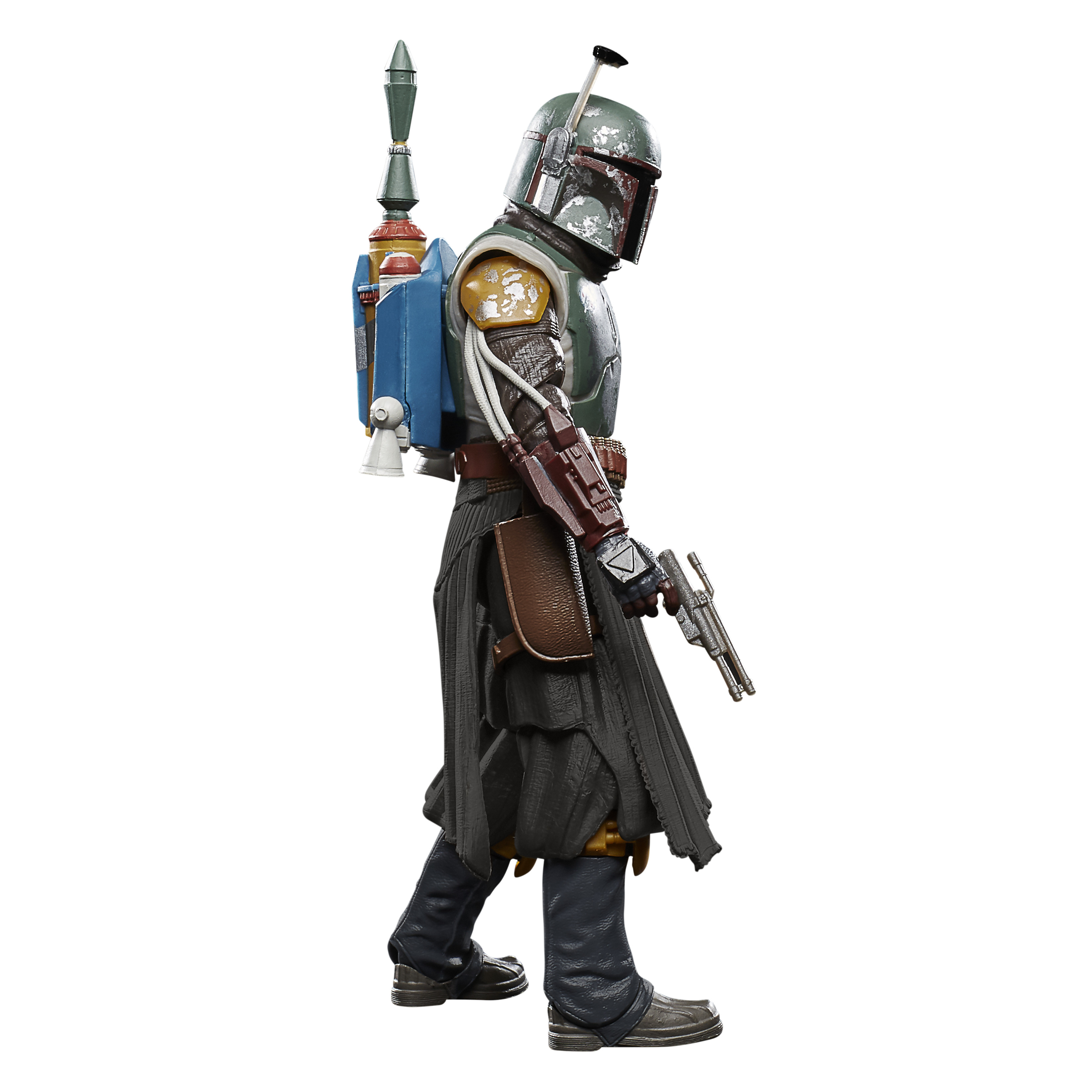 Action figure di Boba Fett. Elmetto verde, armatura, jetpack e blaster. Posa in piedi, isolata su sfondo bianco.