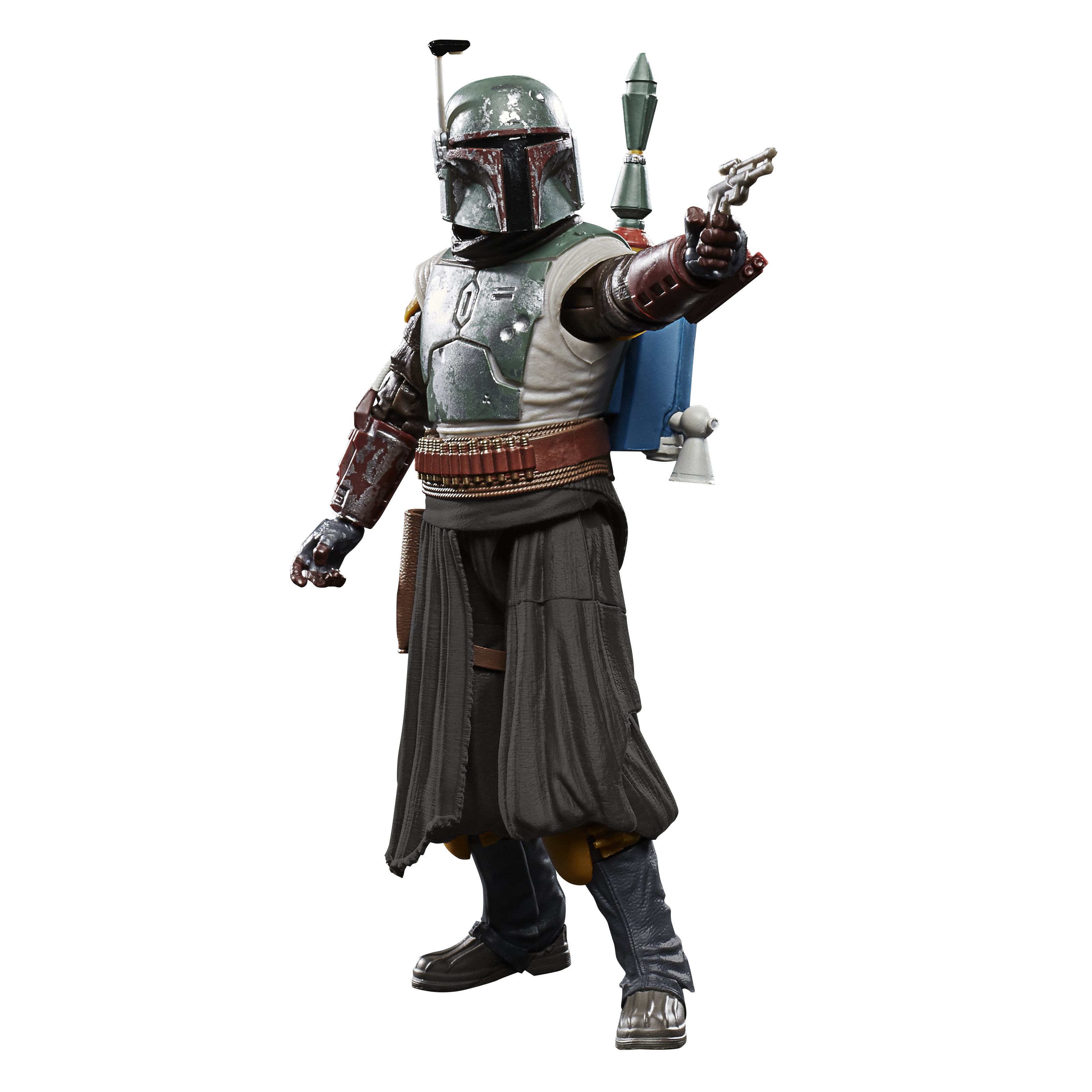 Action figure di Boba Fett, in piedi. Elmetto verde, armatura, mantello nero, jetpack e blaster. Sfondo bianco.
