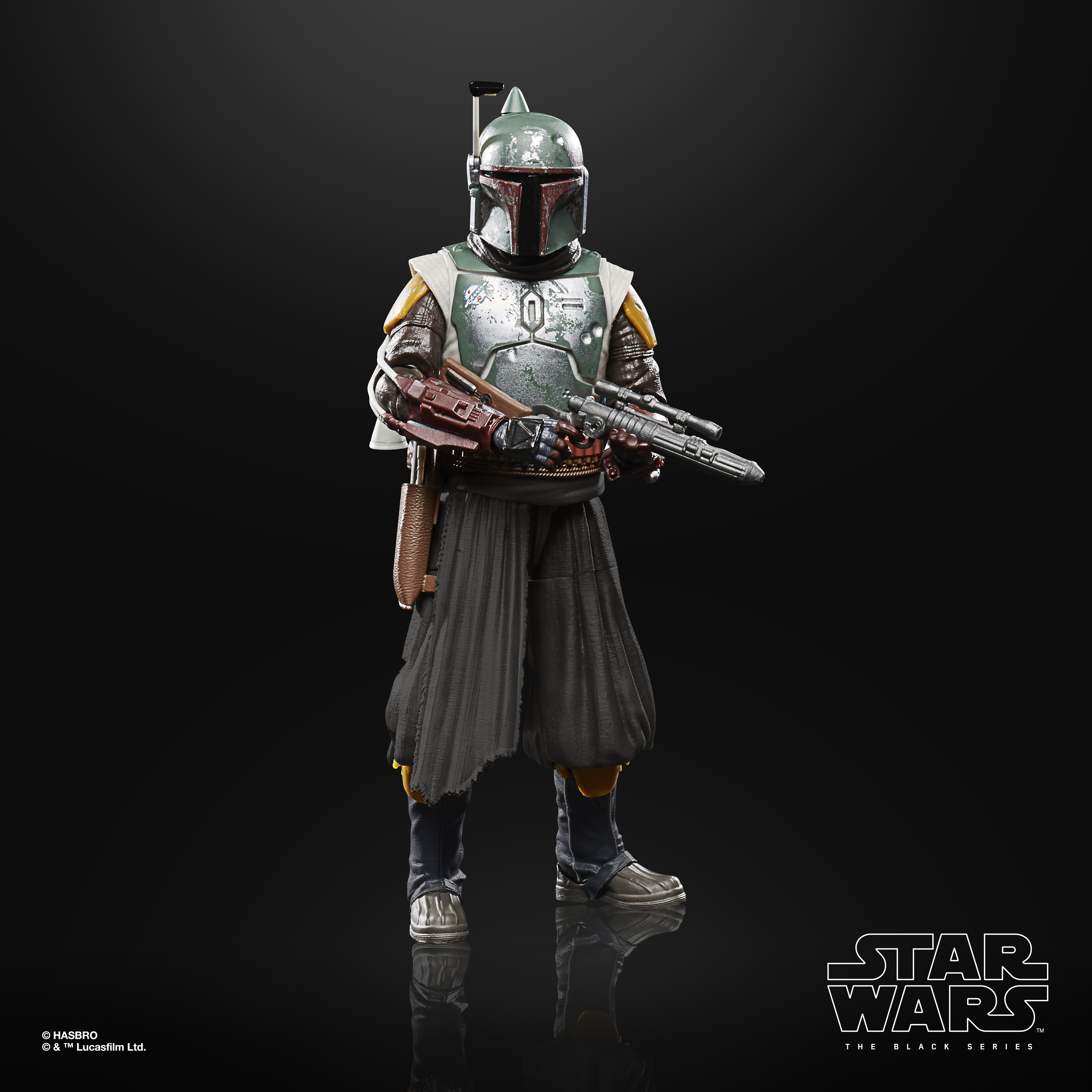 Action figure di Boba Fett. Elmetto verde, armatura, pantaloni neri e blaster. Sfondo nero con logo Star Wars.
