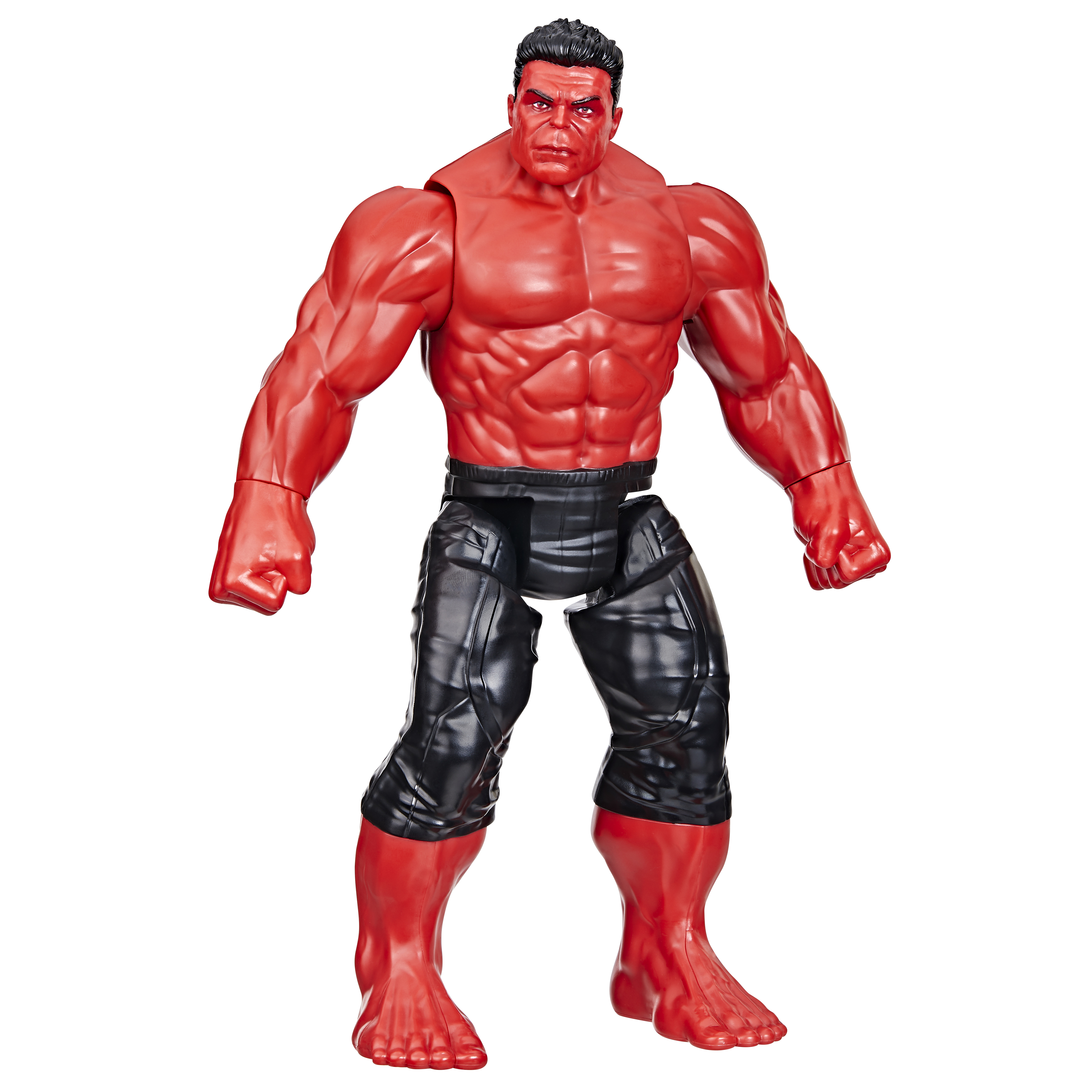 Una figura de acción roja de Hulk está de pie con los brazos extendidos. Tiene pantalones negros y cabello negro. El fondo es blanco.