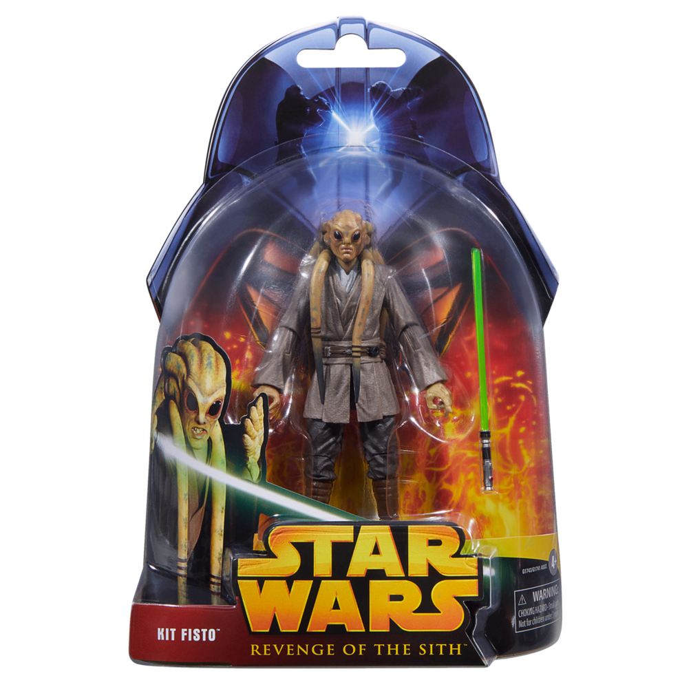 Figurka Kit Fisto w opakowaniu Star Wars. Figurka jest brązowa z zielonym mieczem świetlnym. Opakowanie mówi 'Revenge of the Sith'.