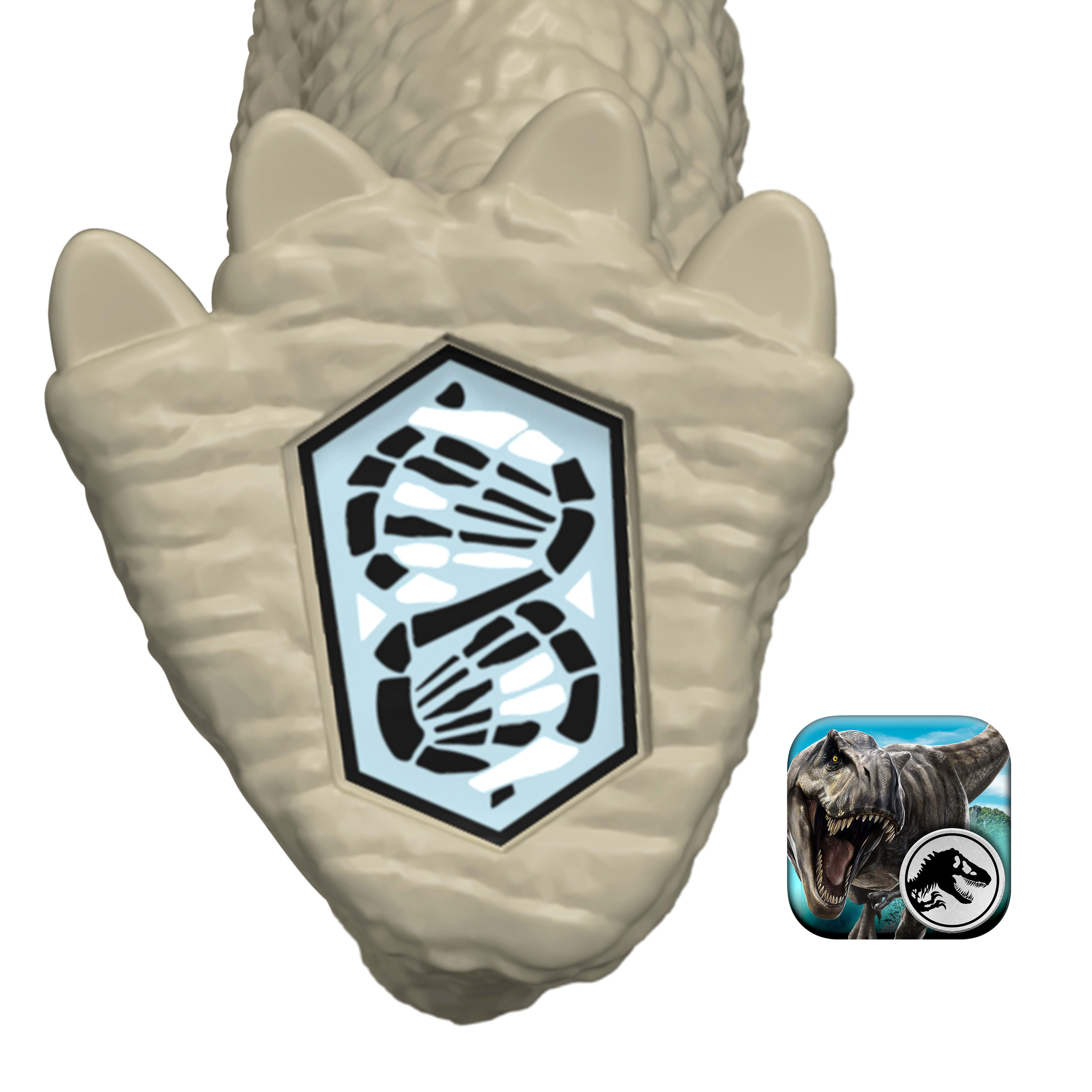 Pazur dinozaura z symbolem DNA i ikoną aplikacji Jurassic World.