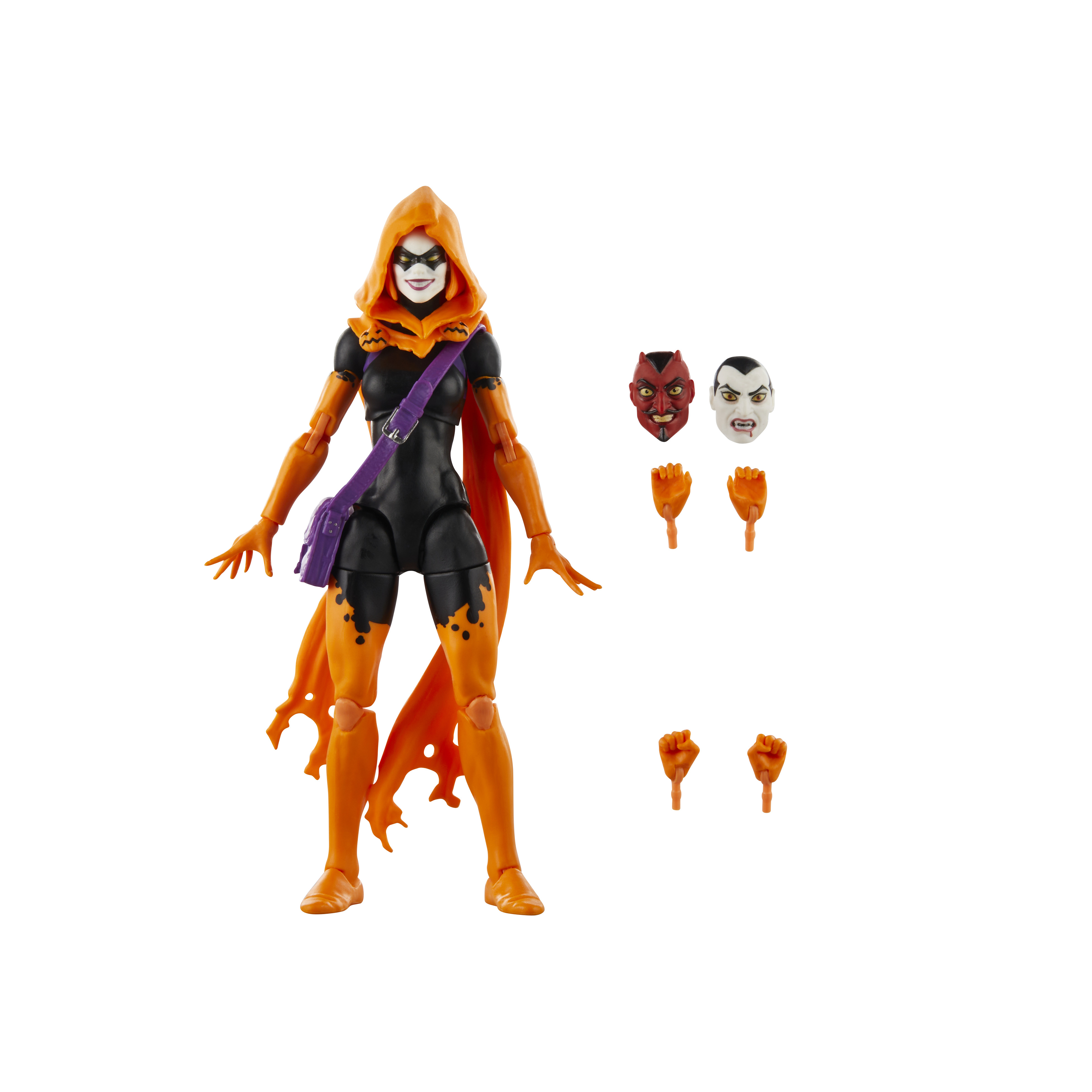 Action figure di un personaggio incappucciato con abito arancione e nero, teste e mani aggiuntive su sfondo bianco.