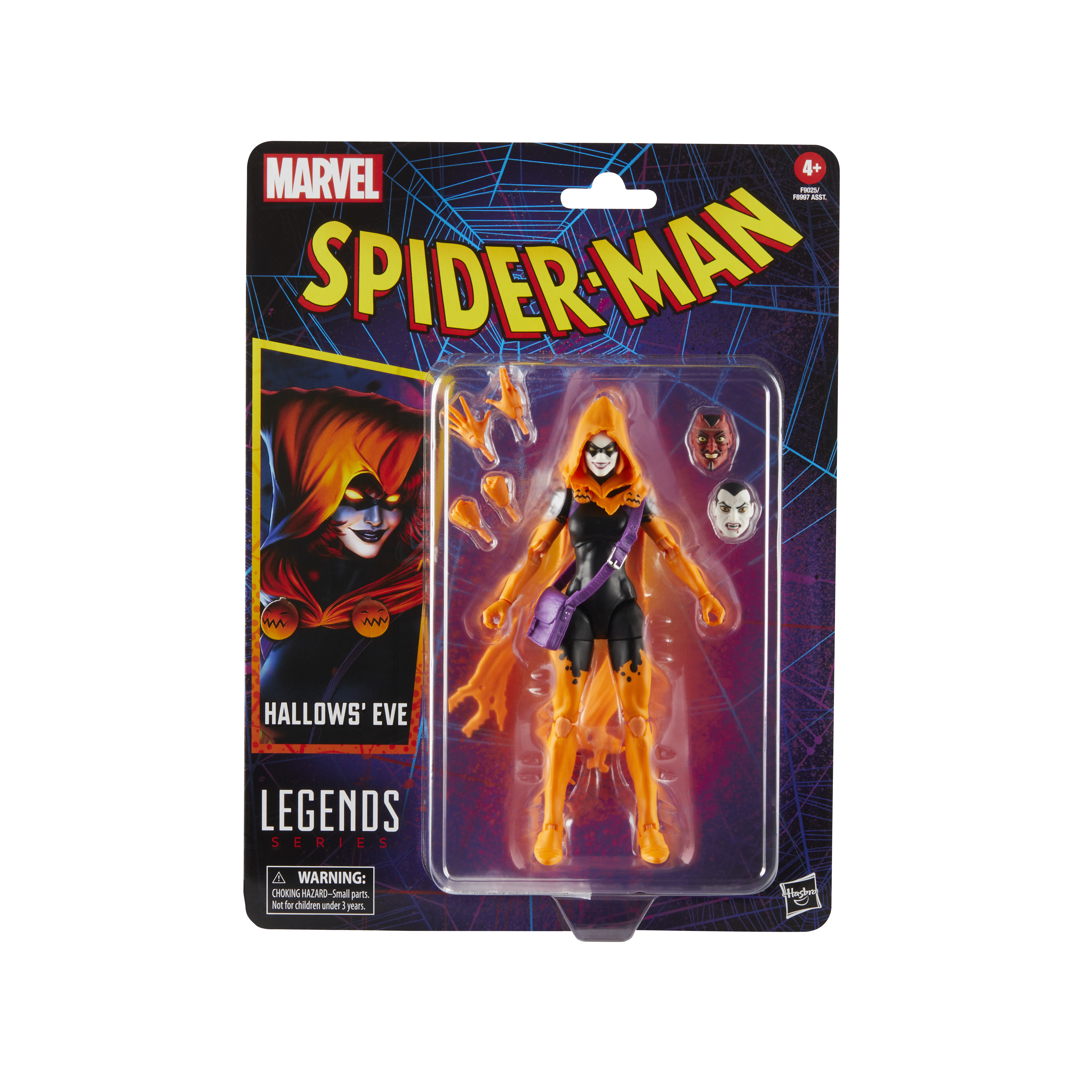 Una action figure di Spider-Man in una confezione. La figura è Hallows' Eve, arancione e nera. Sono incluse altre parti.
