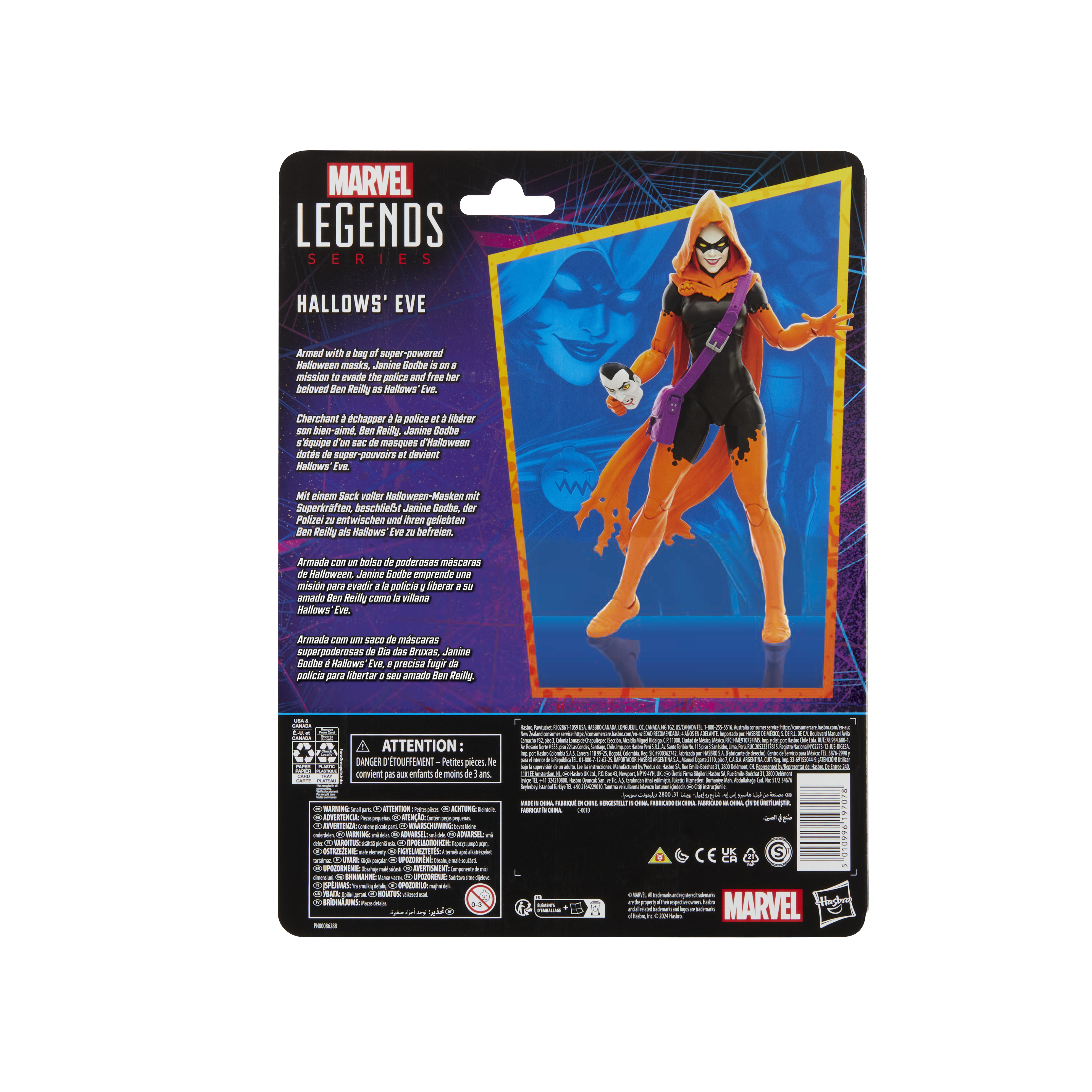 Scatola action figure. Hallows' Eve in costume arancione e nero con maschera bianca.
