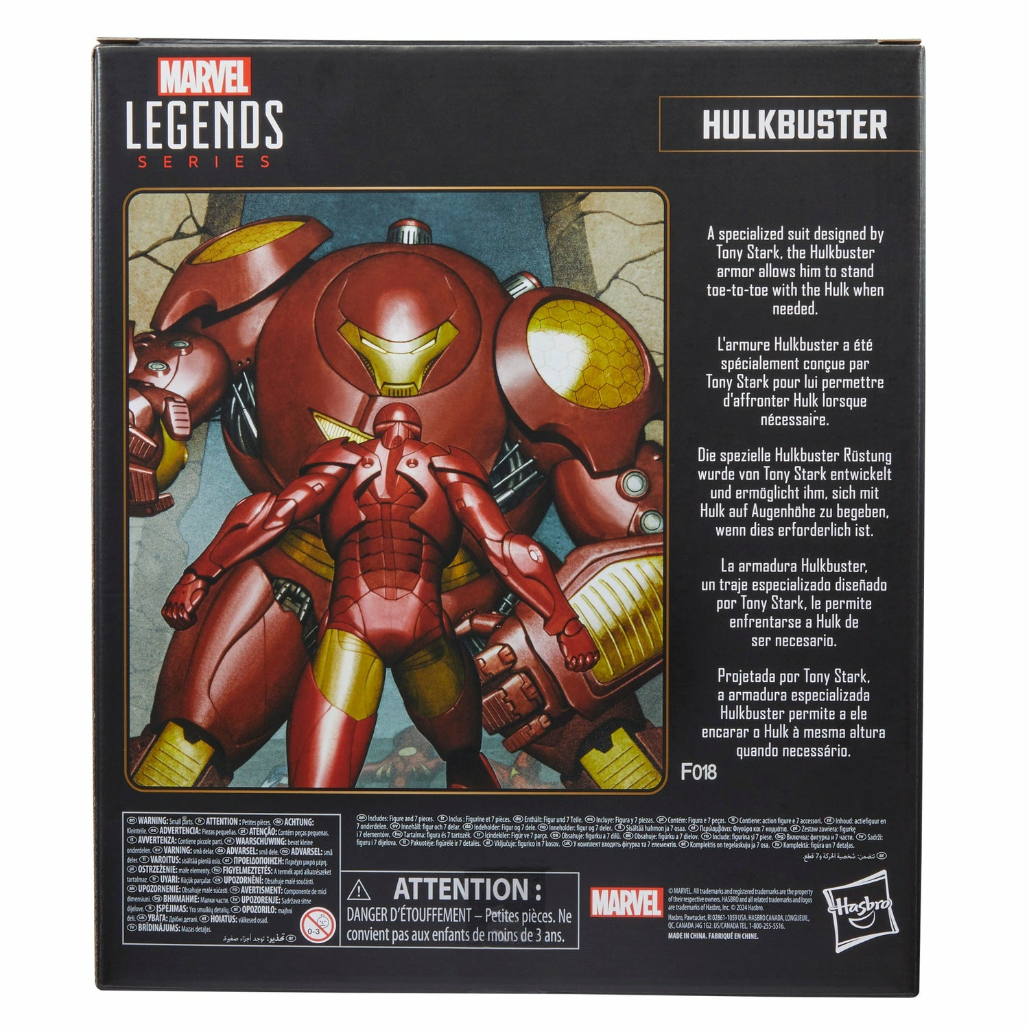 Pudełko z figurką Hulkbuster. Tekst opisuje design i cel figurki.