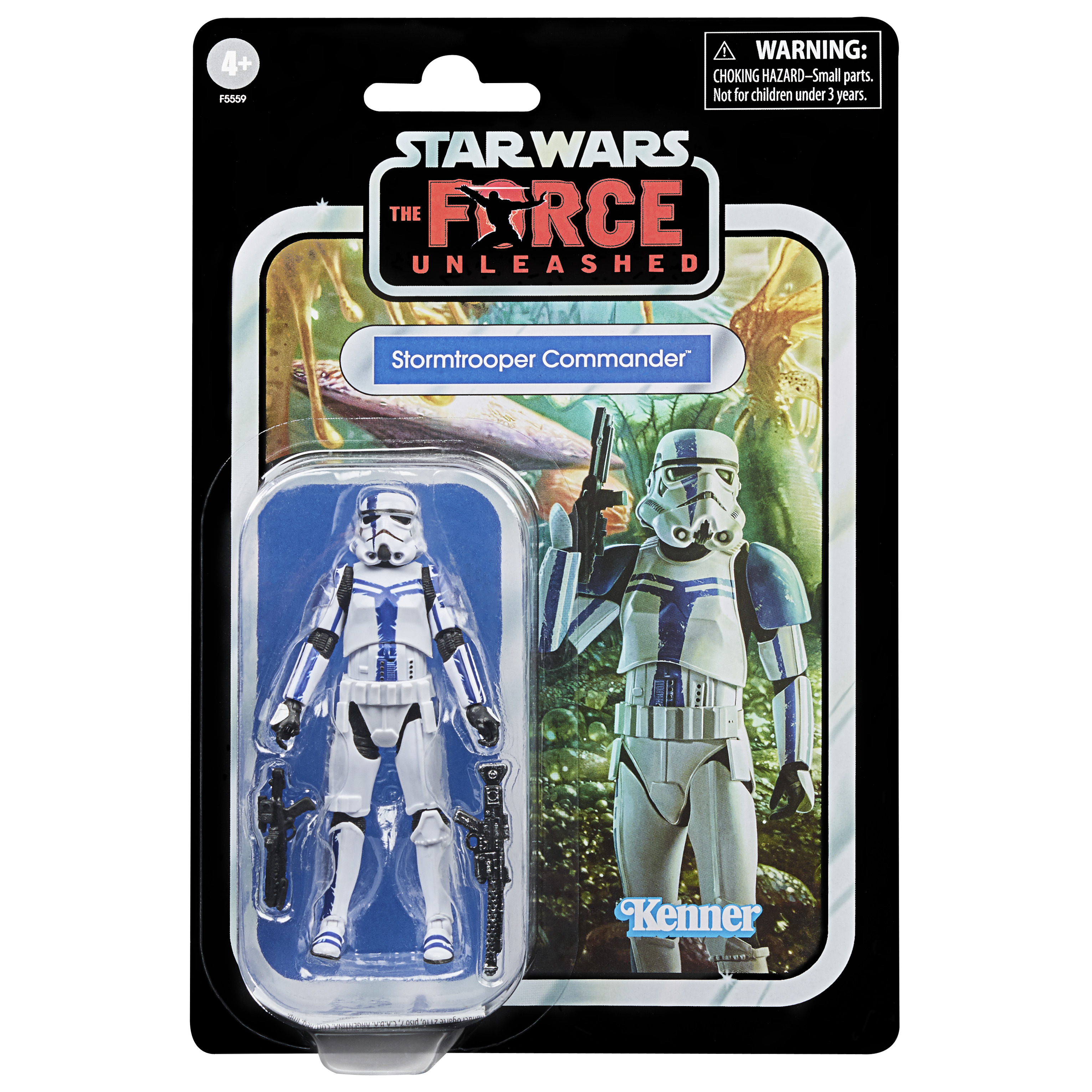 Un personaggio d'azione di Star Wars Stormtrooper Commander in una confezione. La figura è bianca e blu, con un fucile nero.