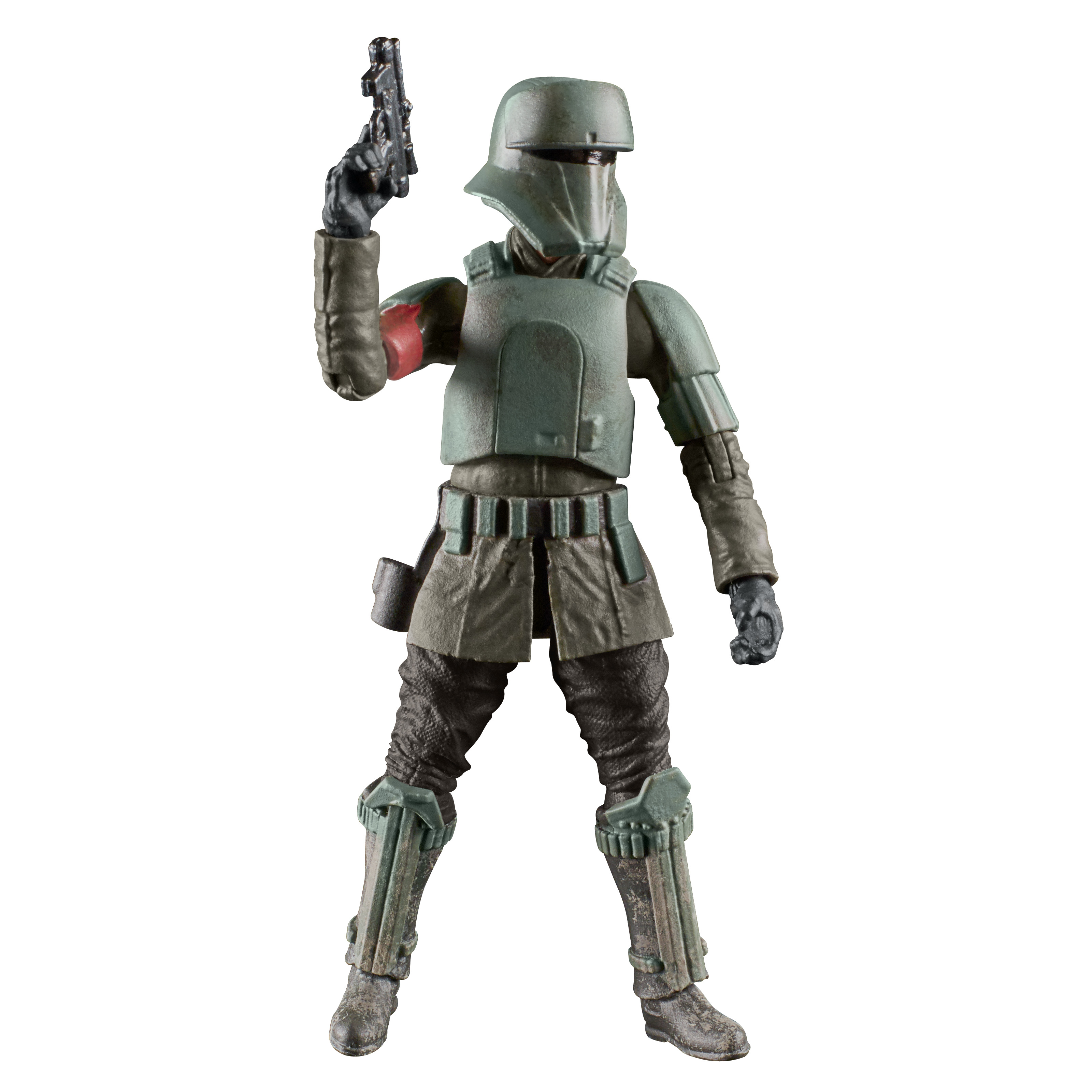 Una figura in armatura verde tiene una pistola. È visibile un bracciale rosso. Lo sfondo è bianco.