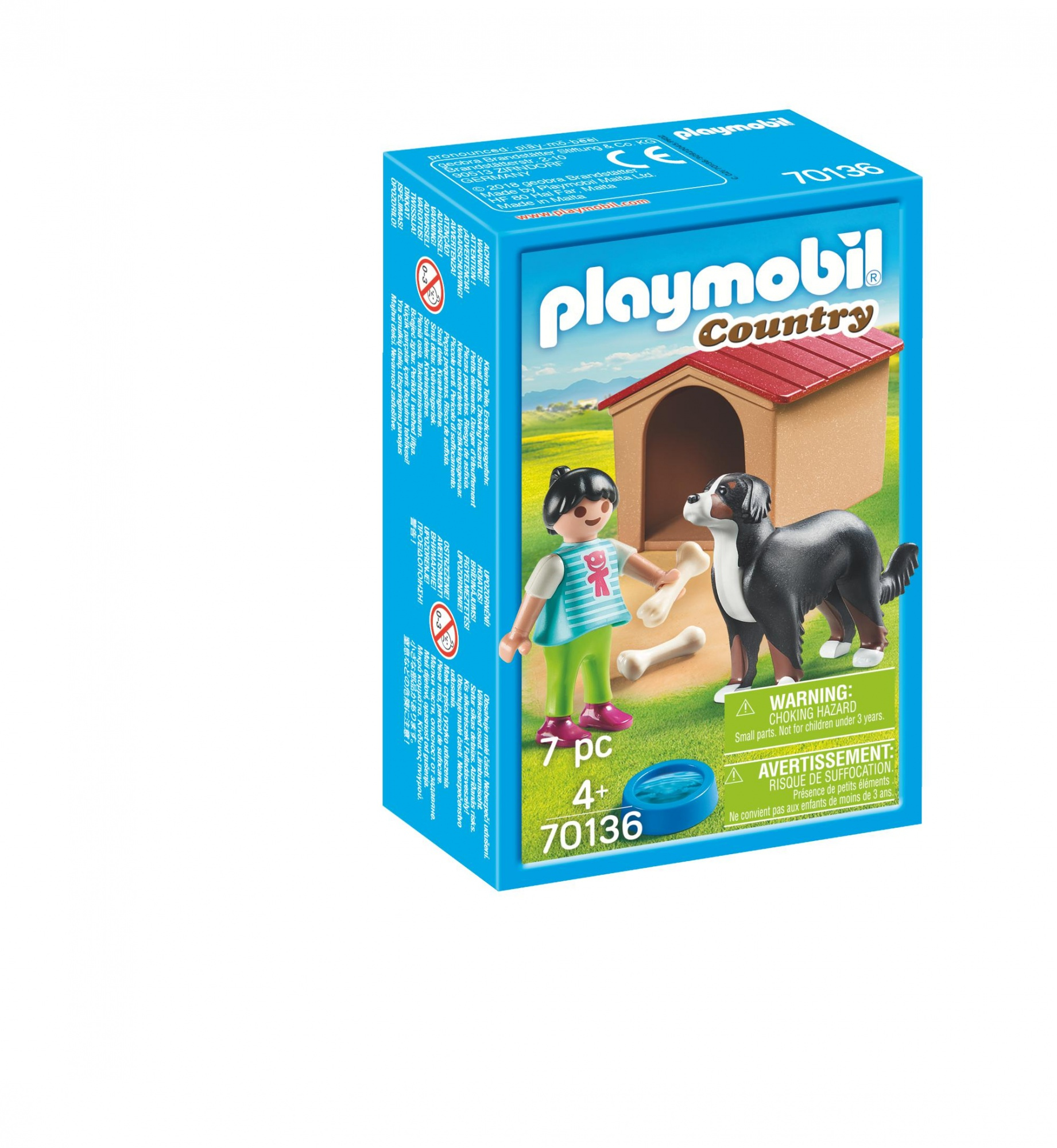 Un set scatola Playmobil. Mostra un ragazzo con un cane e una cuccia. La scatola è blu.