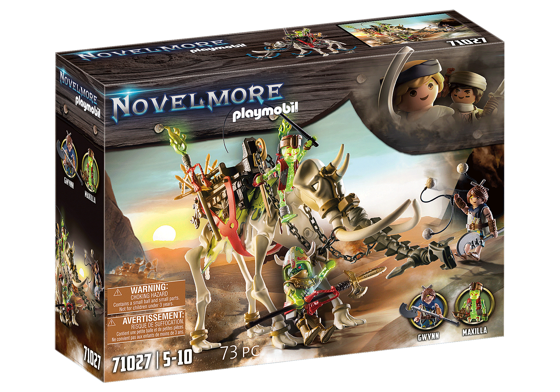 Set scatola Playmobil Novelmore. Presenta una creatura simile a uno scheletro con cavalieri, figure e accessori. Il set include avvertenze e fascia d'età.