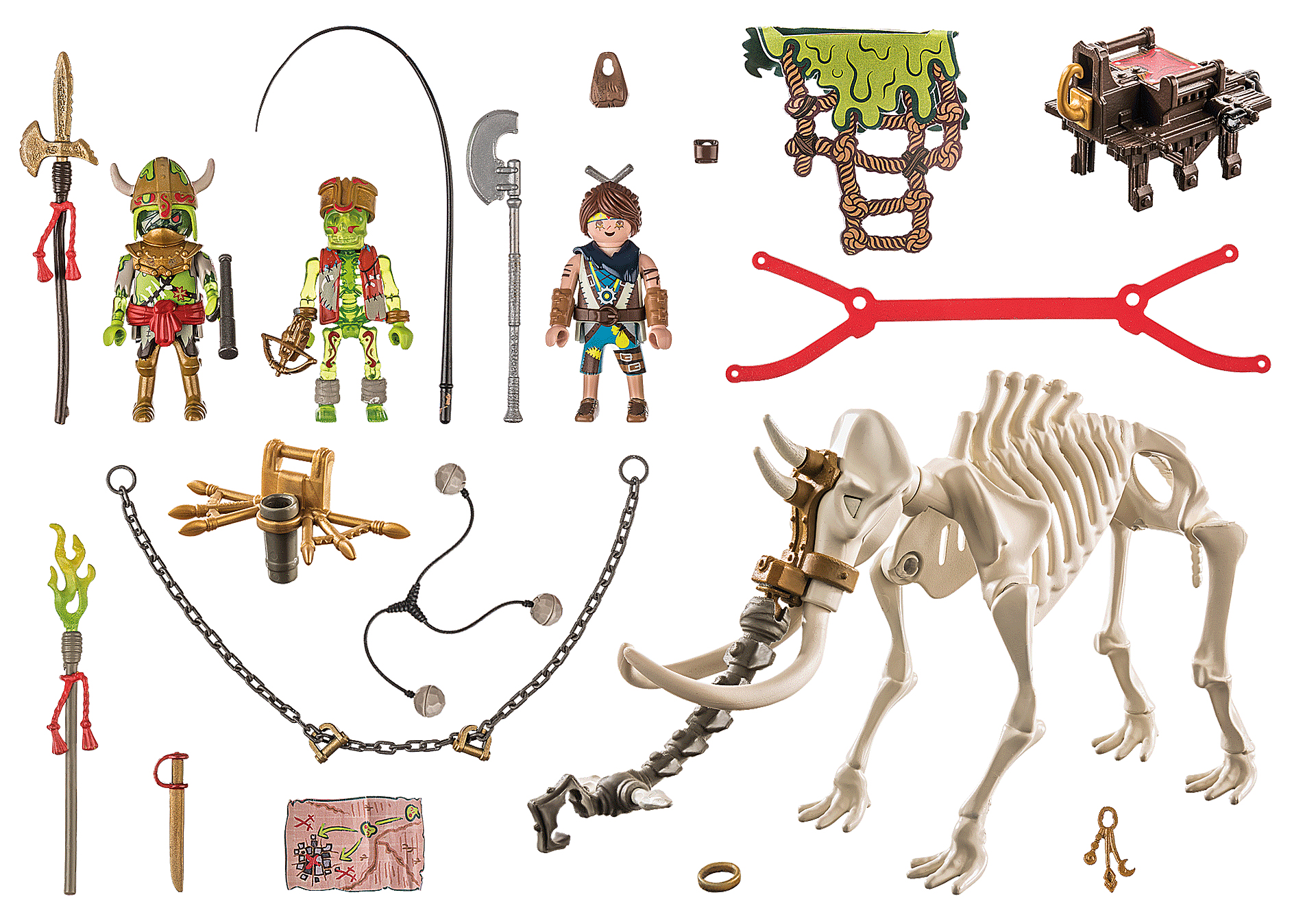 Collezione di personaggi e accessori giocattolo. Include scheletri, figurine, armi, una mappa e un anello, su sfondo bianco.