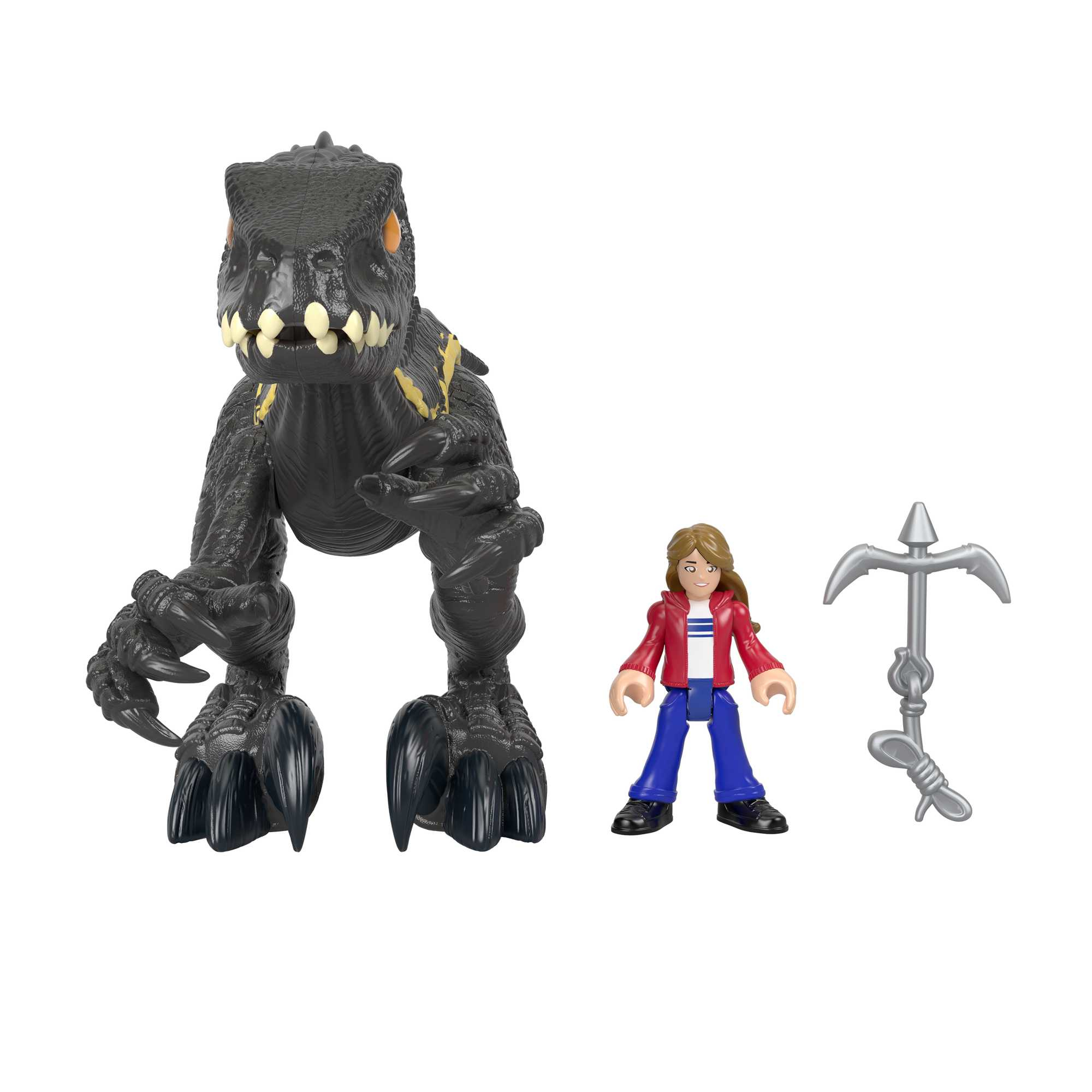 Ein schwarzes Dinosaurierspielzeug mit einer menschlichen Figur und einem silbernen Anker auf weißem Hintergrund.