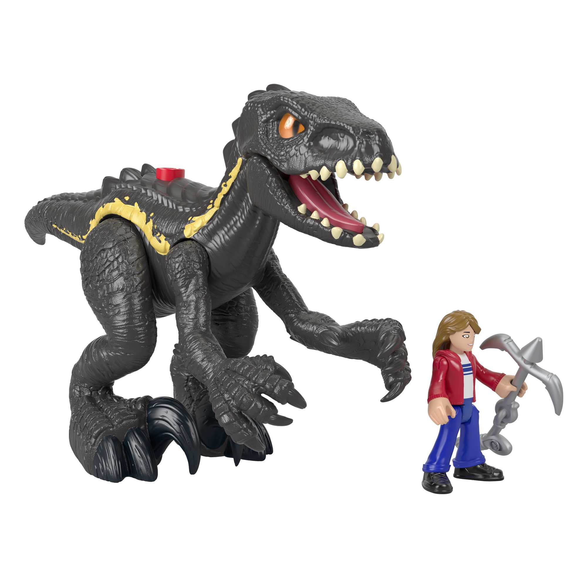 Ein schwarzes Dinosaurierspielzeug mit gelben Streifen und eine Figur, die ein silbernes Werkzeug hält, werden gezeigt.
