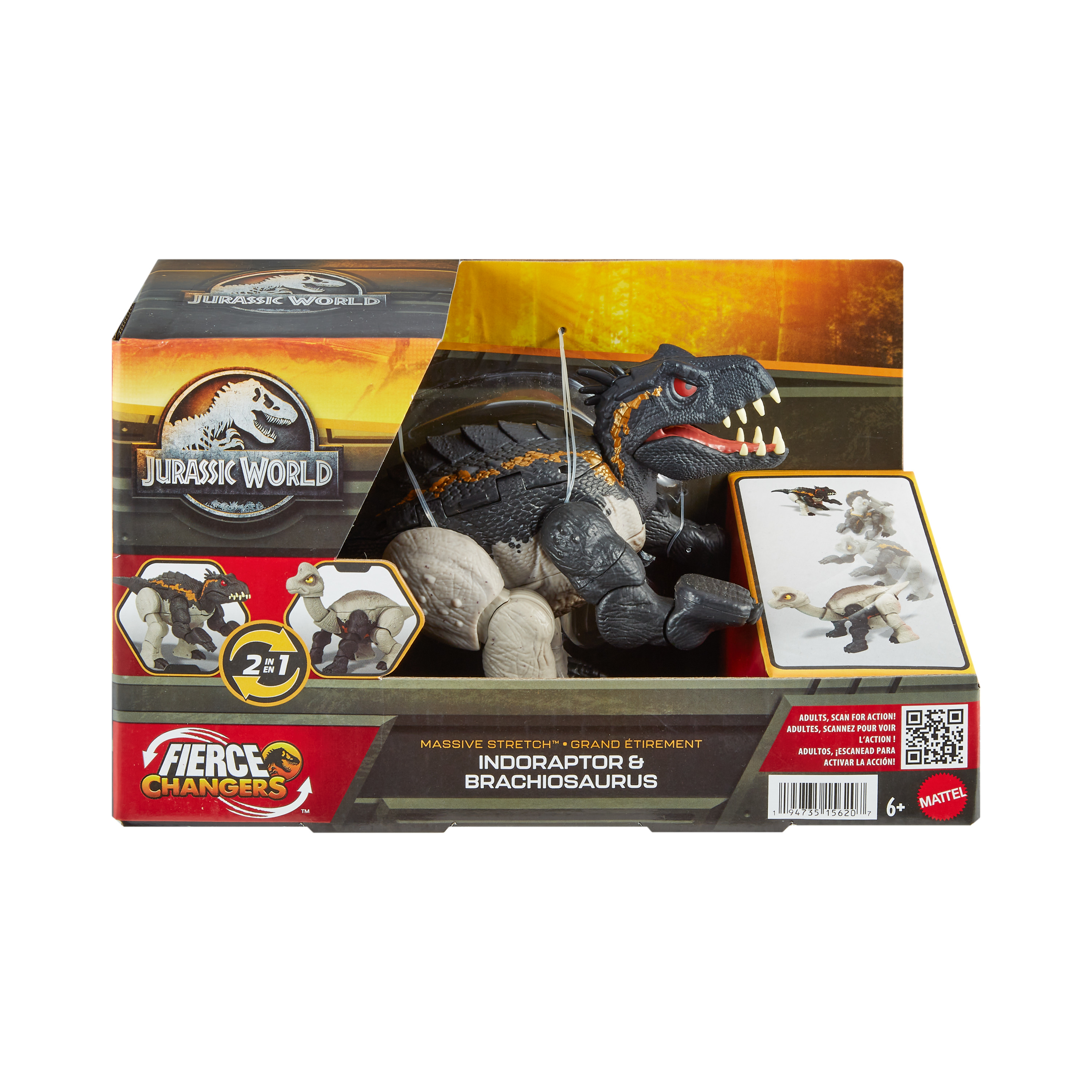 Eine Jurassic World Spielzeugkiste mit Indoraptor & Brachiosaurus Spielzeug. Die Box hat Logos, Text und Bilder der Dinosaurier.