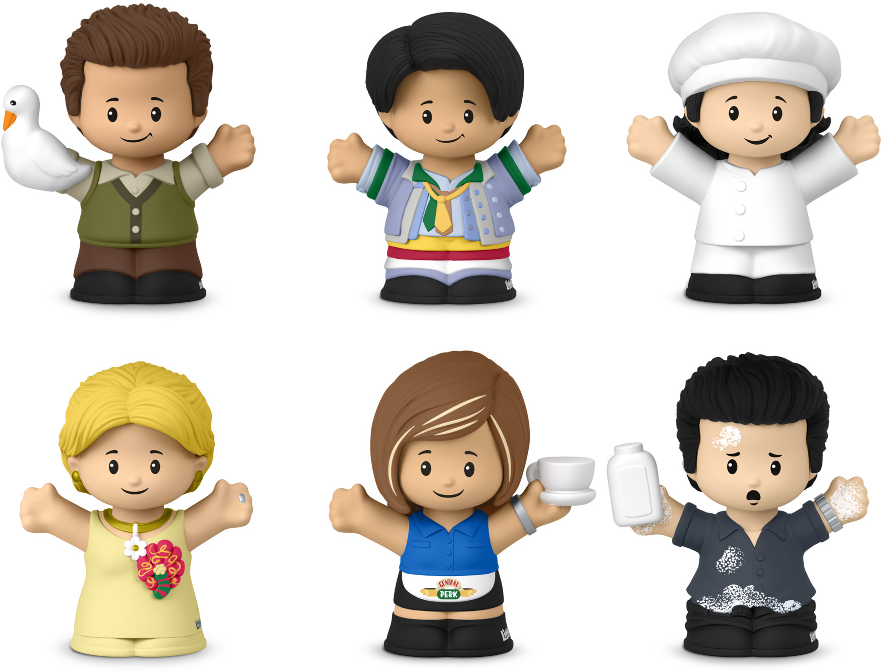 Sześć zabawek z serialu Przyjaciele: Chandler, Joey, Monica, Phoebe, Rachel i Ross, każdy w charakterystycznym stroju.