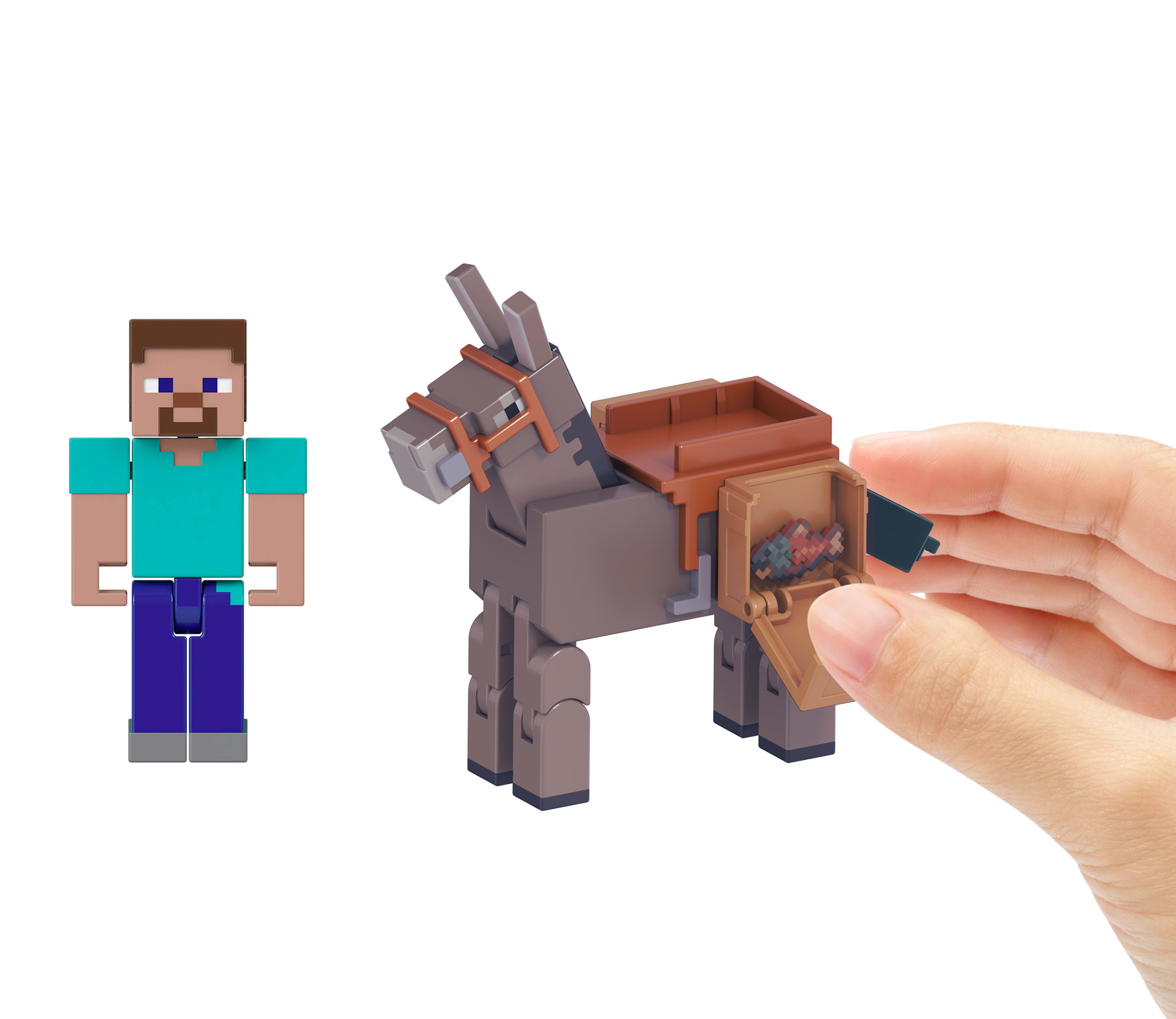 Figurki Minecraft: Steve i osioł. Klatka piersiowa osła jest otwarta, ujawniając przedmioty. Ręka otwiera klatkę.