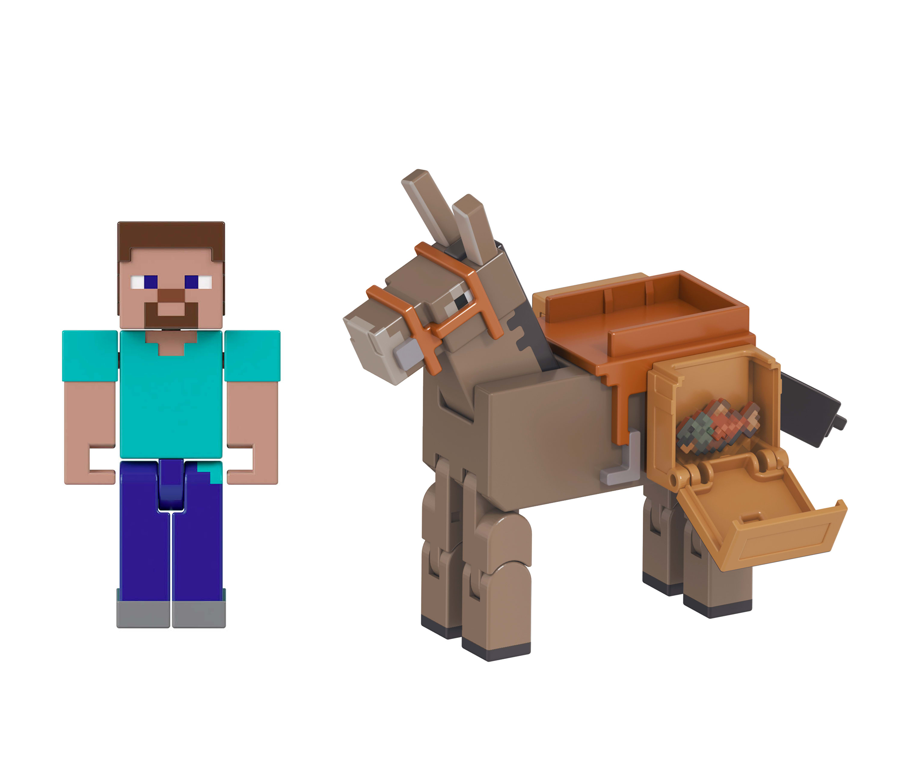 Figurka Steve'a z Minecraft stoi obok zabawki osła z siodłem i otwartym schowkiem. Osioł ma w środku ryby.
