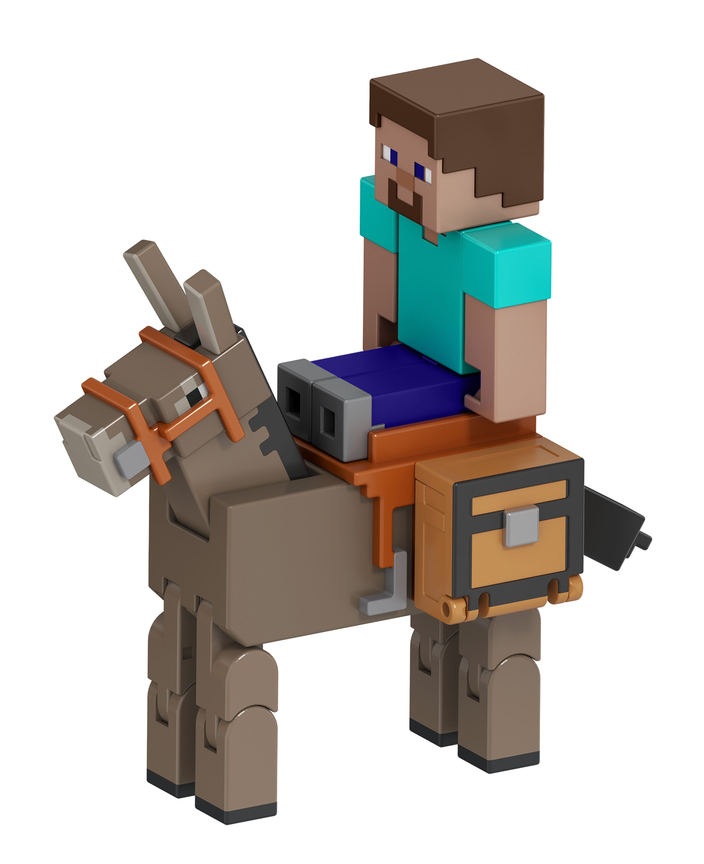 Figurka Minecraft Steve'a jadącego na osiołku. Steve ma na sobie turkusową koszulę. Osiołek ma siodło.