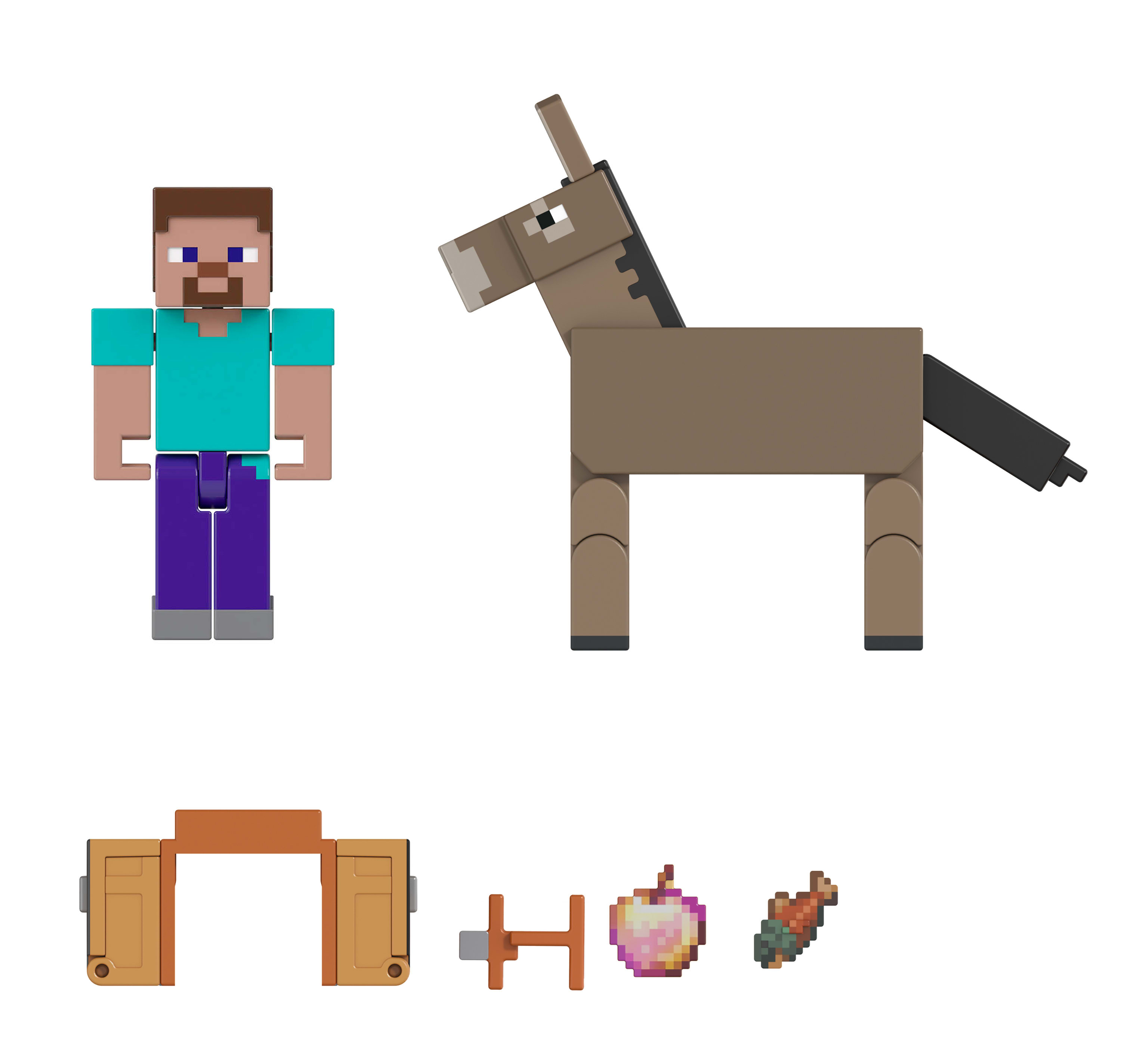 Scena z Minecraft: Steve, osioł, brama, krzyż, jabłko i marchewka na białym tle.