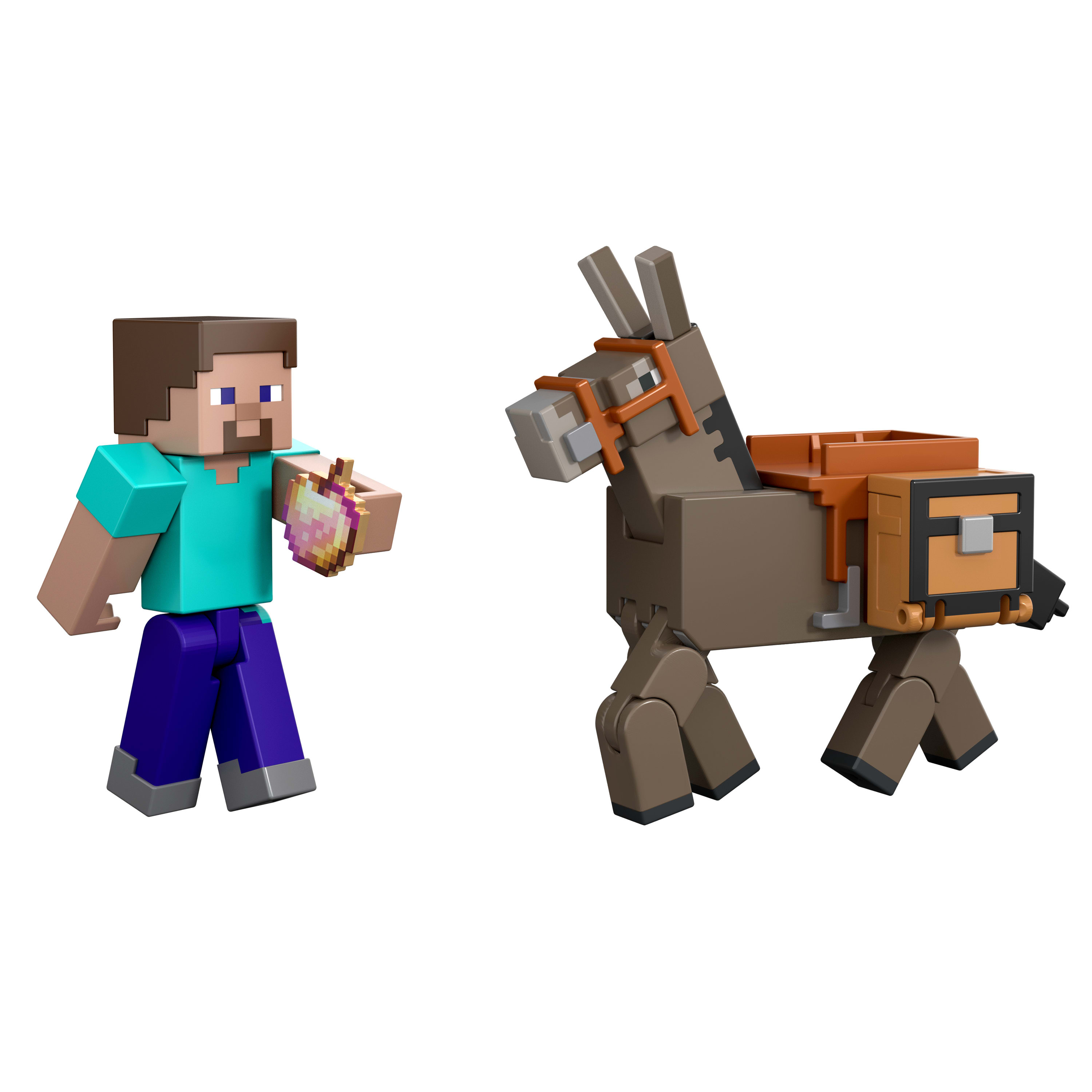 Figurki z Minecraft: Steve trzyma jedzenie, obok osła ze skrzynią.