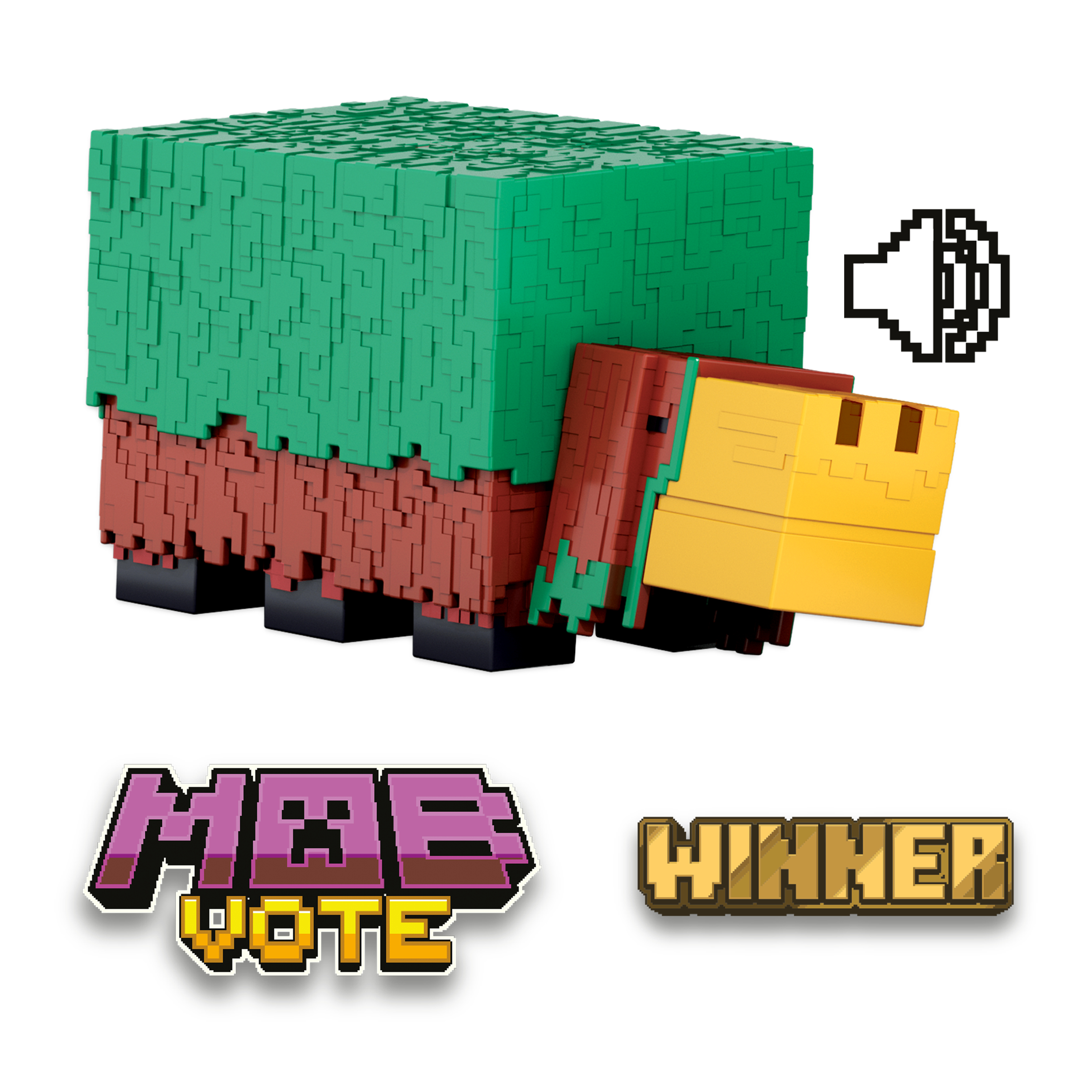 Zabawka żółwia w stylu Minecraft z zielonym wierzchem, brązowym korpusem i żółtą głową. Loga mówią 'MOB VOTE' i 'WINNER'.