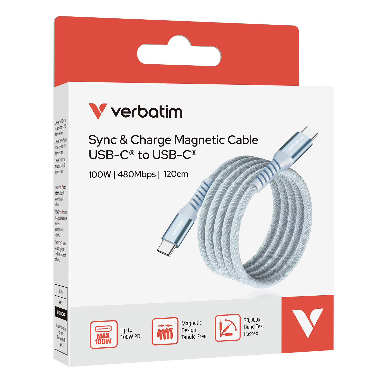 Een Verbatim Sync & Charge Magnetic USB-C-kabeldoos. De kabel is grijs, opgerold en gelabeld USB-C naar USB-C, 100W.