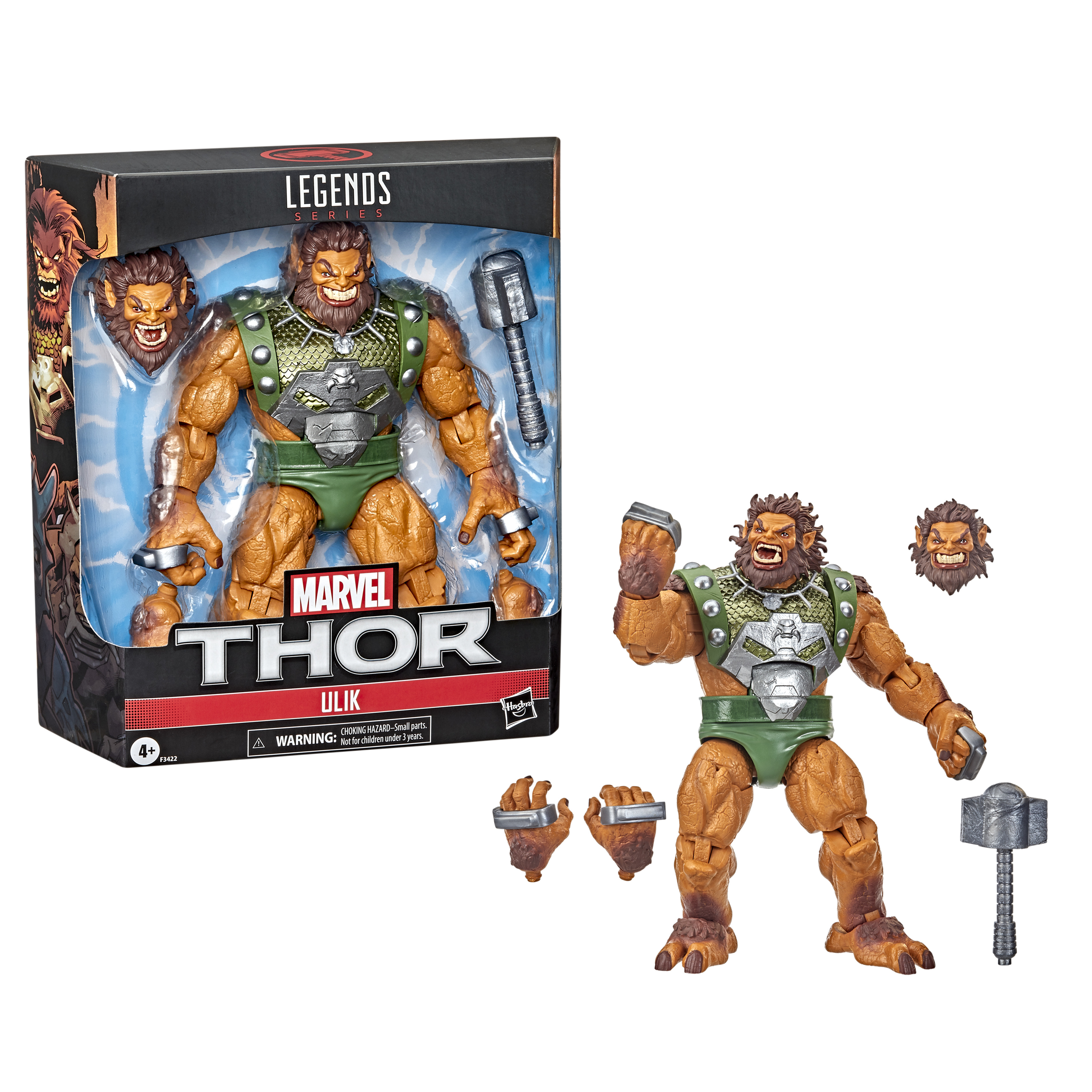 Action figure di Ulik di Marvel Thor Legends. Include mani, testa e martello extra. Visibile anche la confezione.