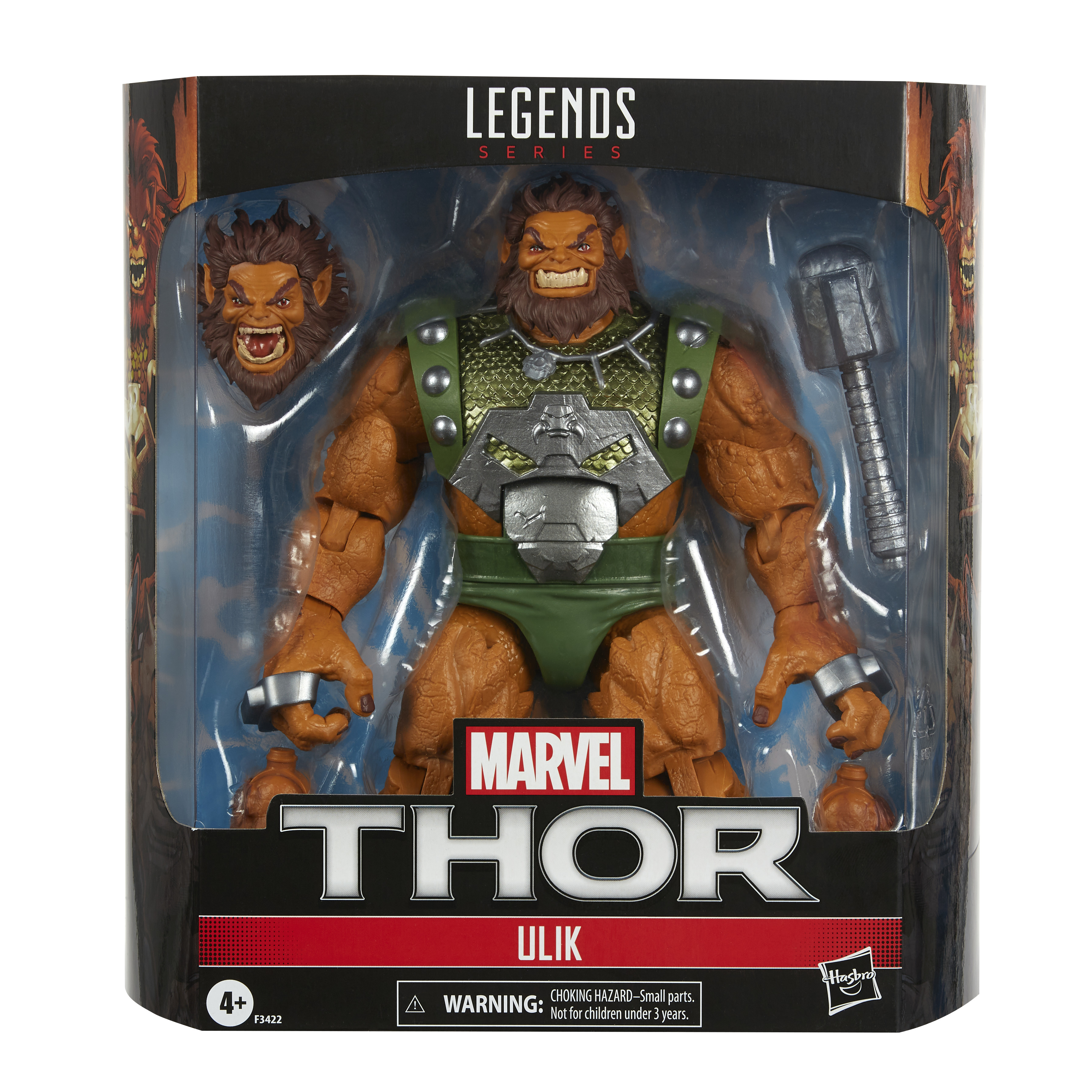 Action figure Marvel Legends Ulik in una scatola. La figura è marrone con armatura verde e un martello d'argento.