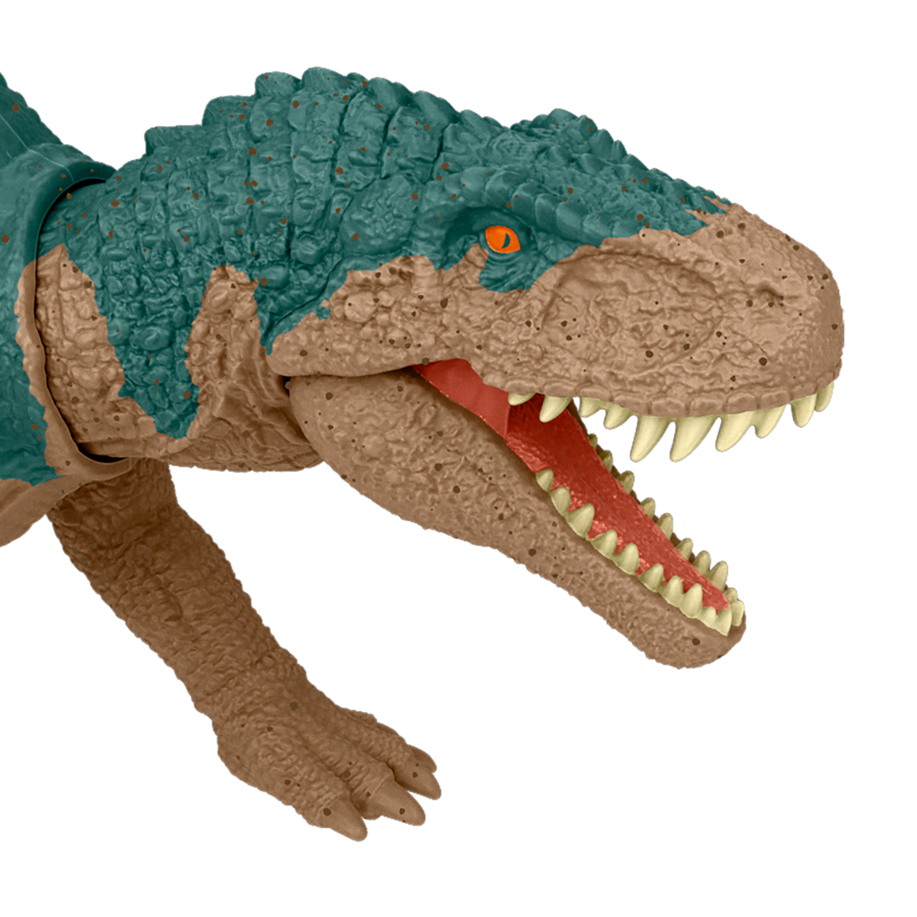 Un juguete de dinosaurio, verde azulado y marrón, boca abierta que muestra el interior rojo y dientes blancos. Ojo naranja.