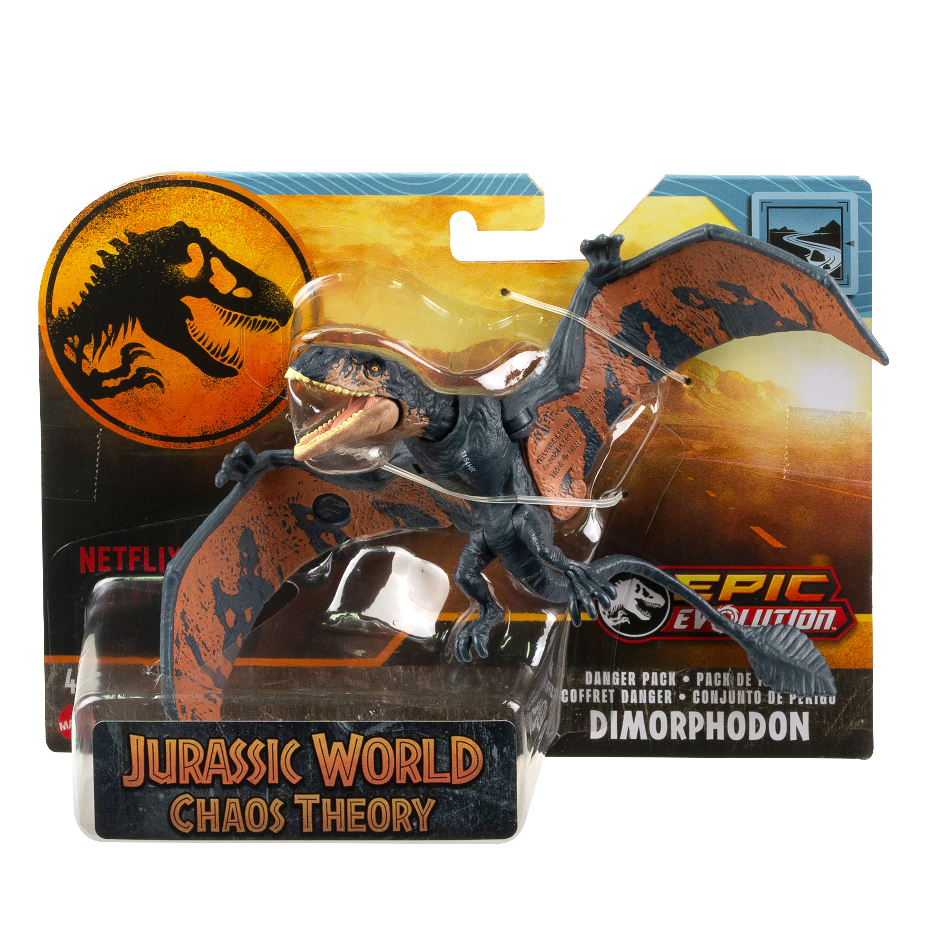 Un juguete Dimorphodon de Jurassic World en su embalaje. El juguete es negro y naranja. El embalaje tiene logotipos y texto.