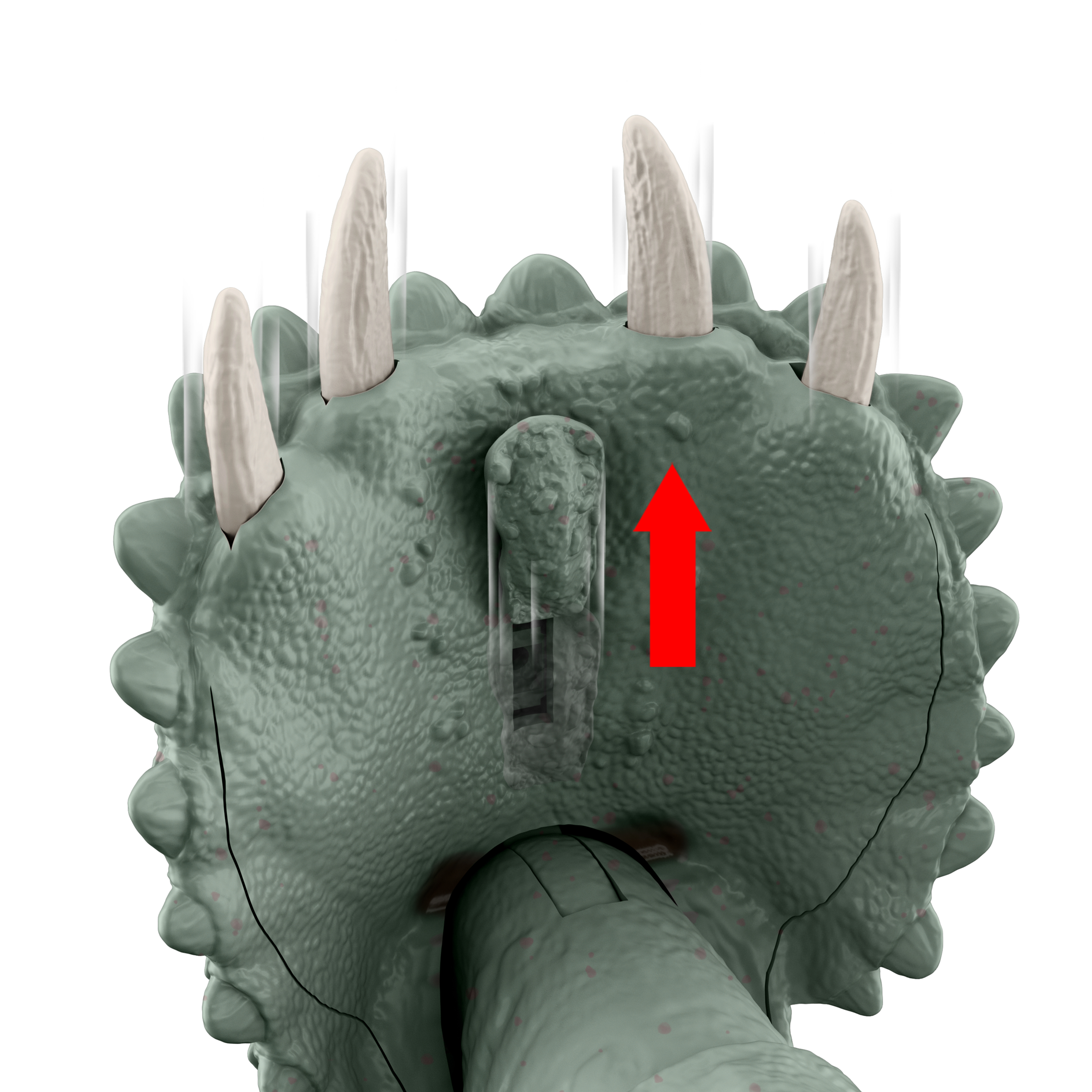 Cabeza de dinosaurio verde con cuernos blancos. Una flecha roja apunta hacia arriba. El fondo es blanco.