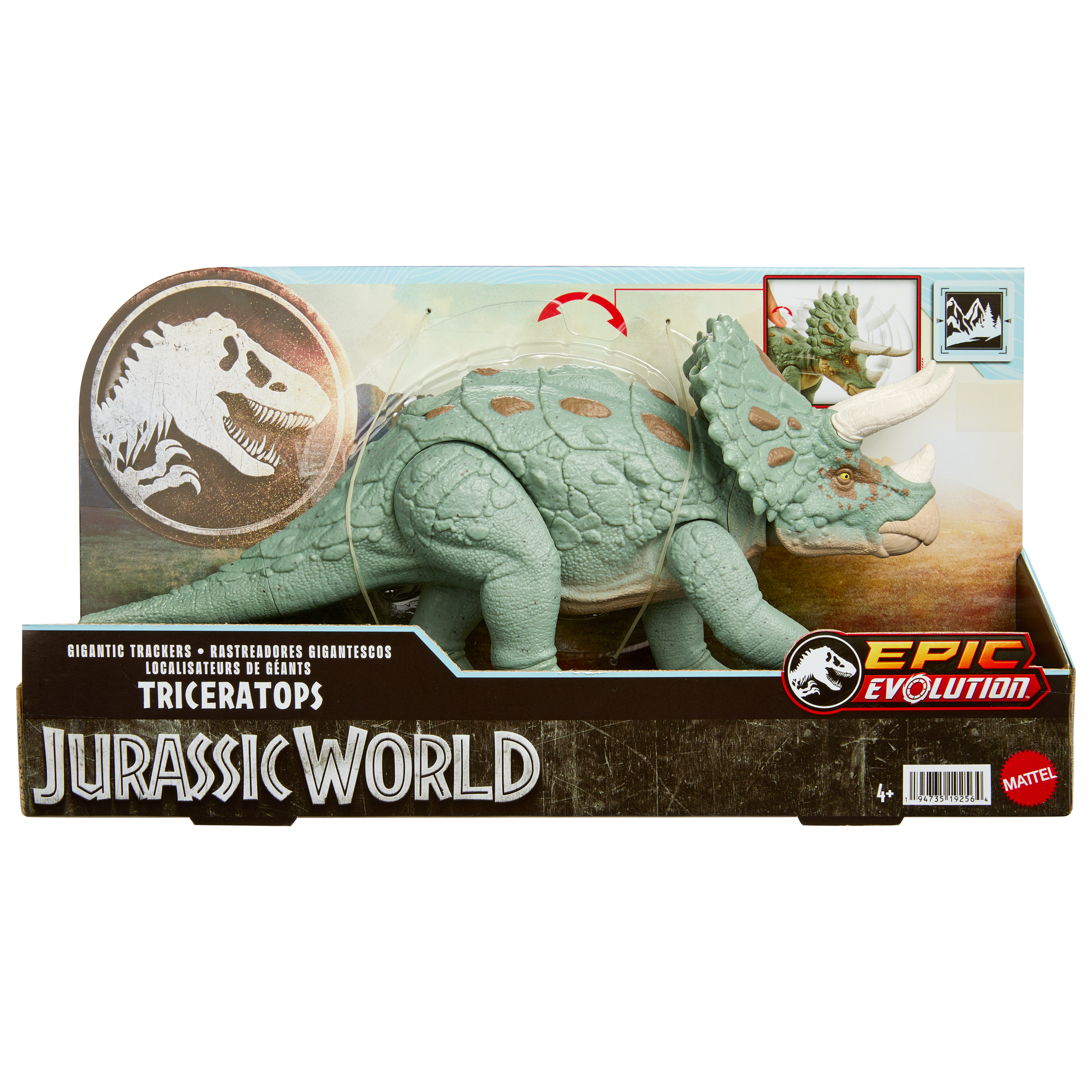 Juguete Triceratops en embalaje. Dinosaurio verde con cuernos, frente al logo de Jurassic World.