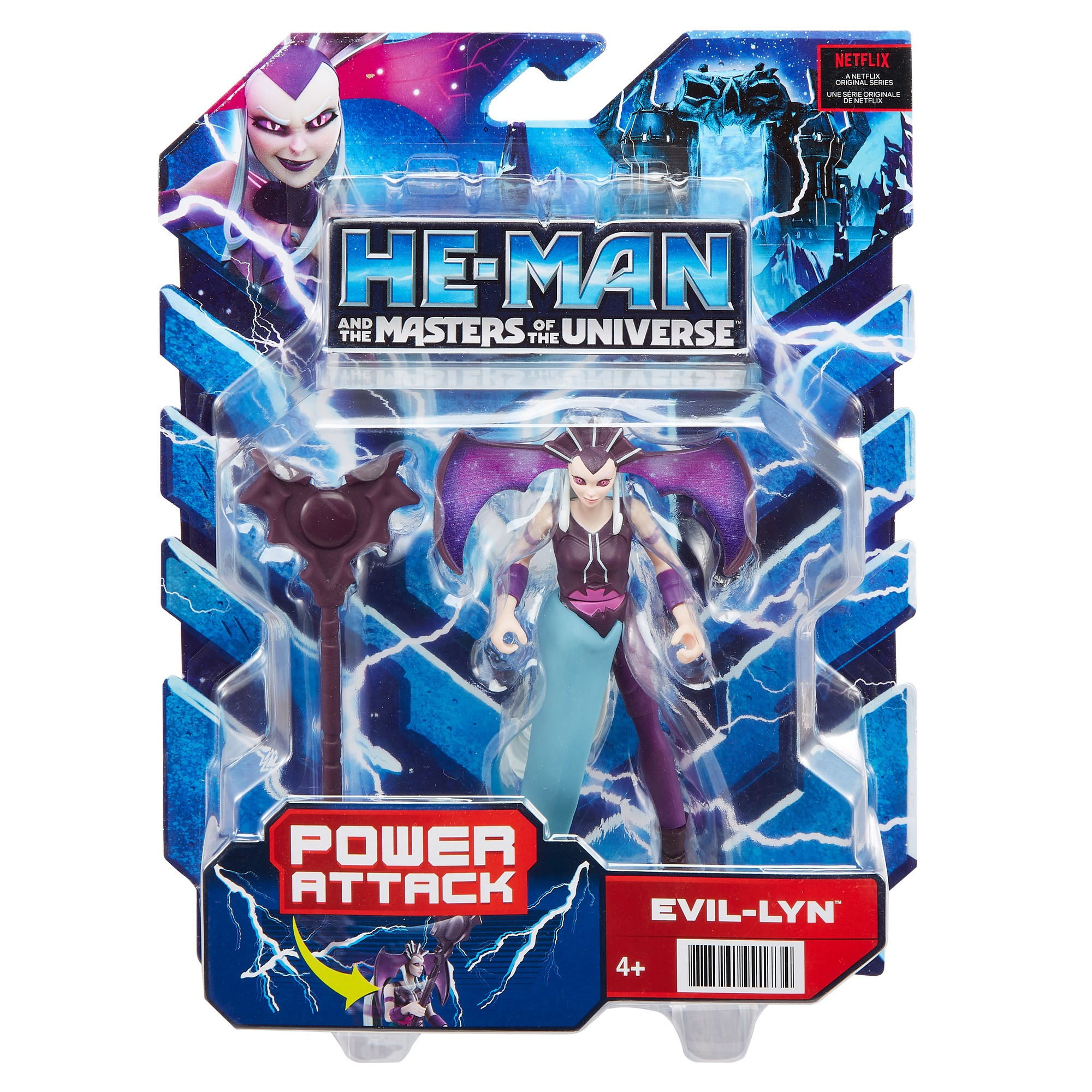 Action figure di Evil-Lyn nella confezione. Ha ali viola, un bastone e indossa un abito viola e blu. La confezione dice He-Man.