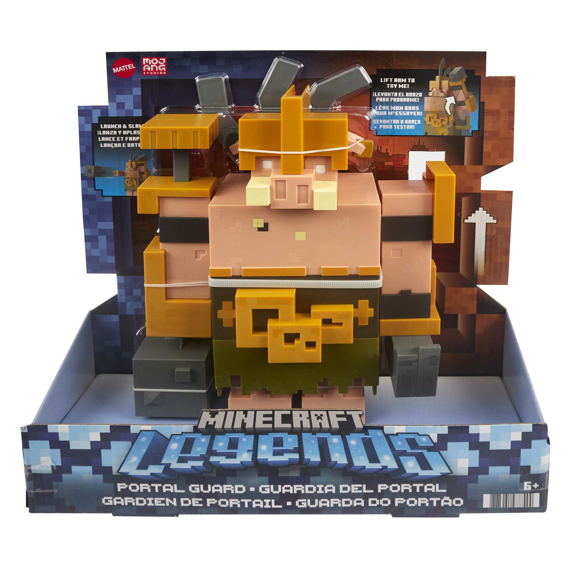 Figurka z gry Minecraft Legends w pudełku. Figurka przypomina świnię. Pudełko ma markę i tekst gry.