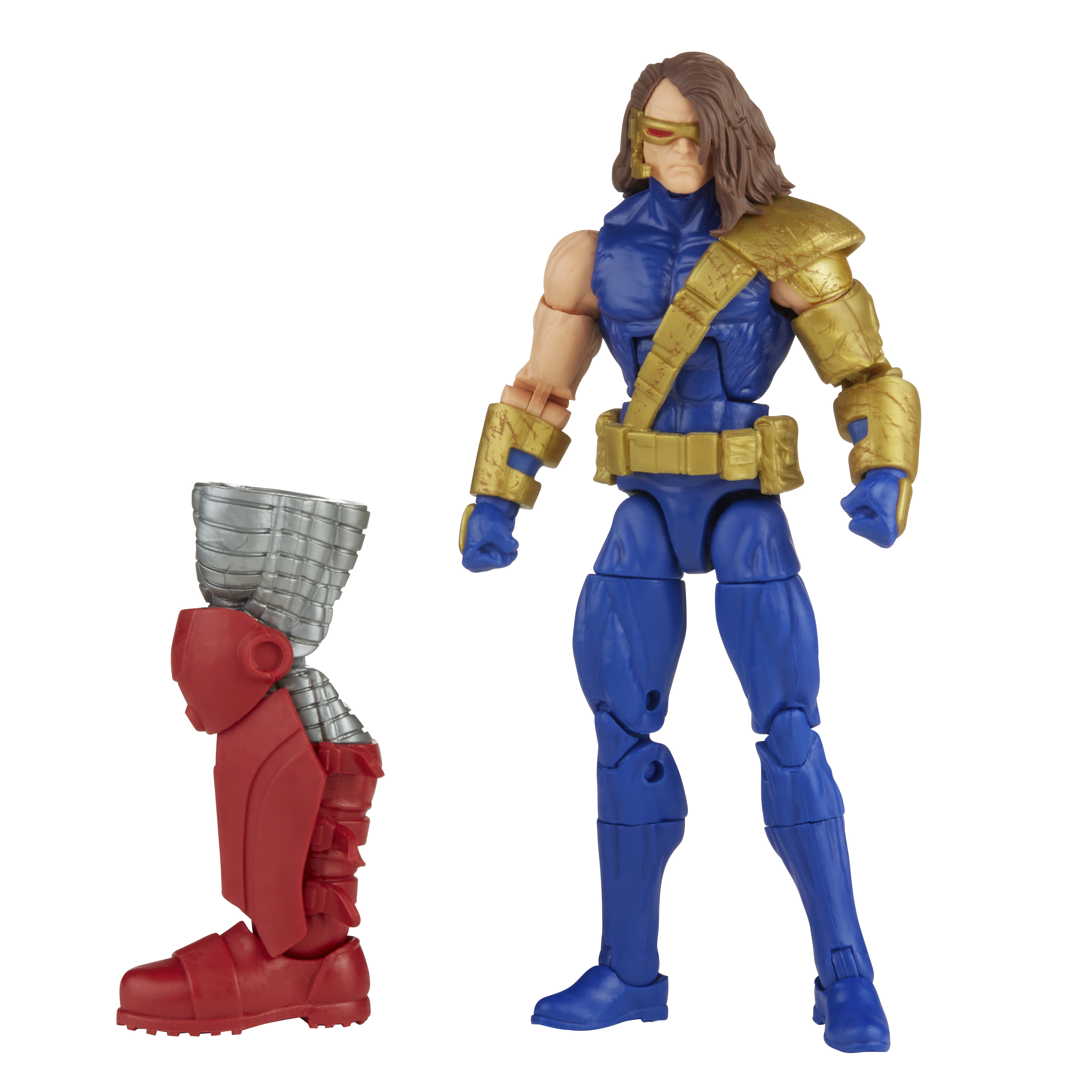 Action figure di un uomo in armatura blu e oro, con una gamba rossa staccata. L'uomo ha i capelli castani e una visiera.