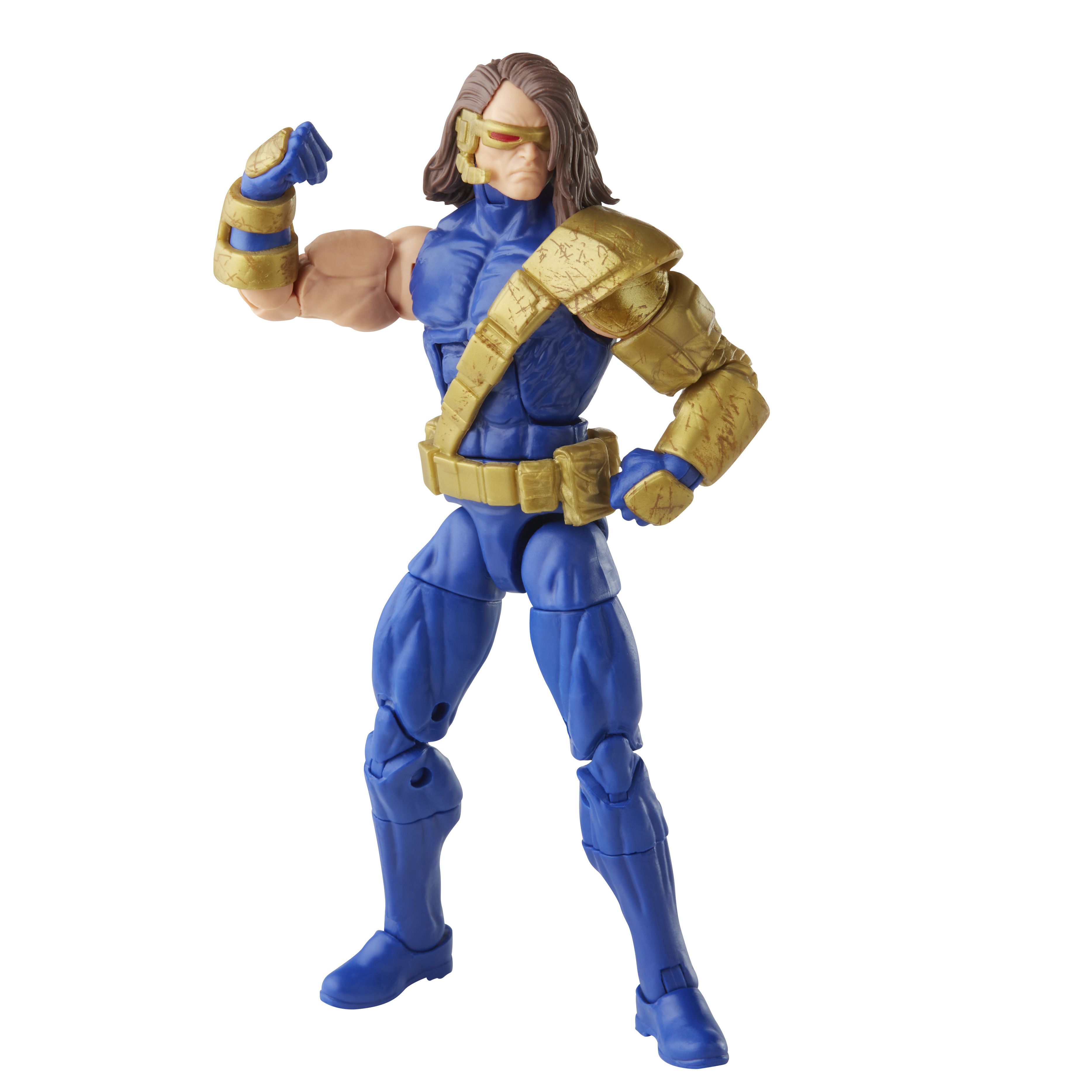 Action figure di un uomo in armatura blu e oro, capelli castani e visiera con lente rossa, che flette il braccio.