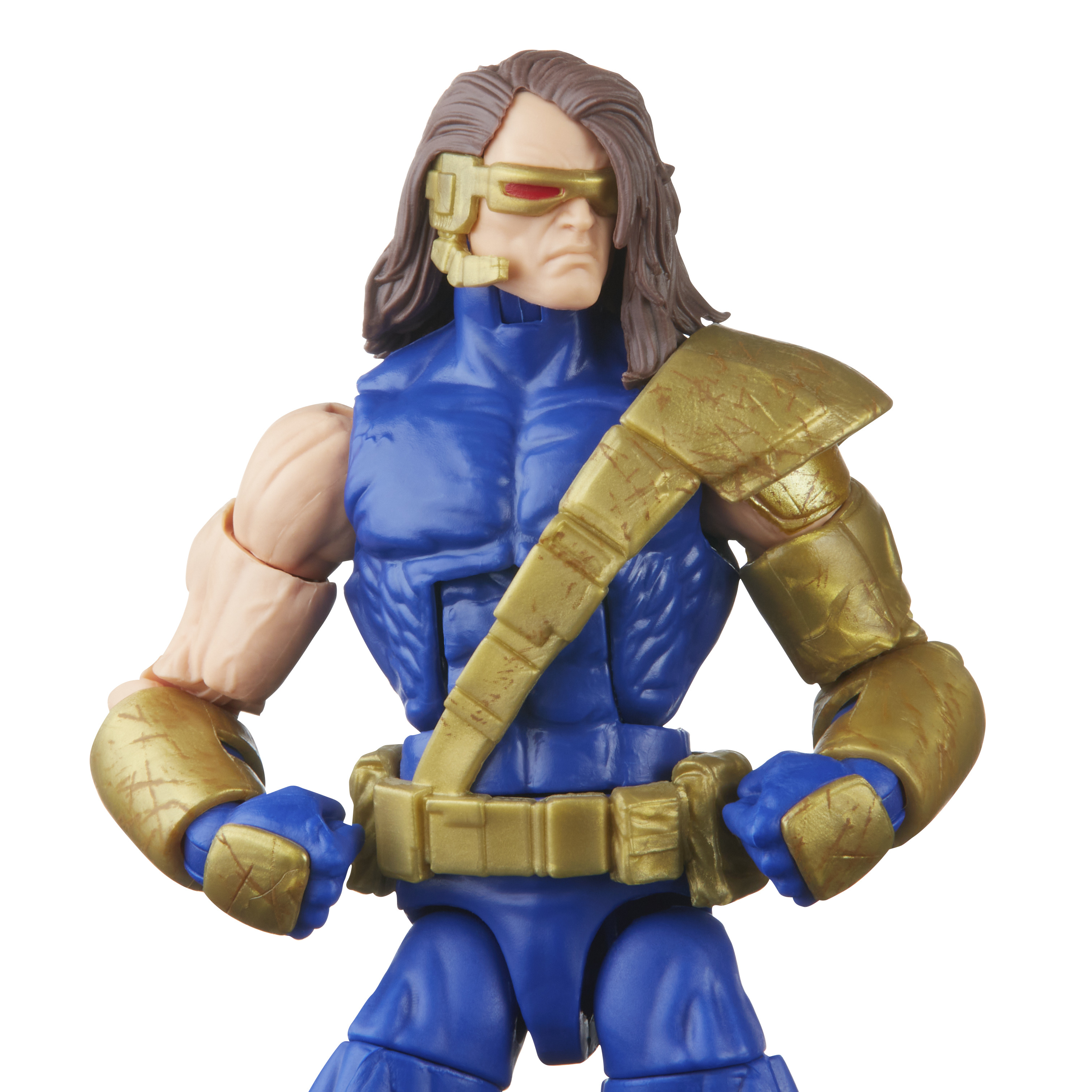 Action figure di un supereroe con armatura blu e oro, capelli castani e visiera con lenti rosse, su sfondo bianco.