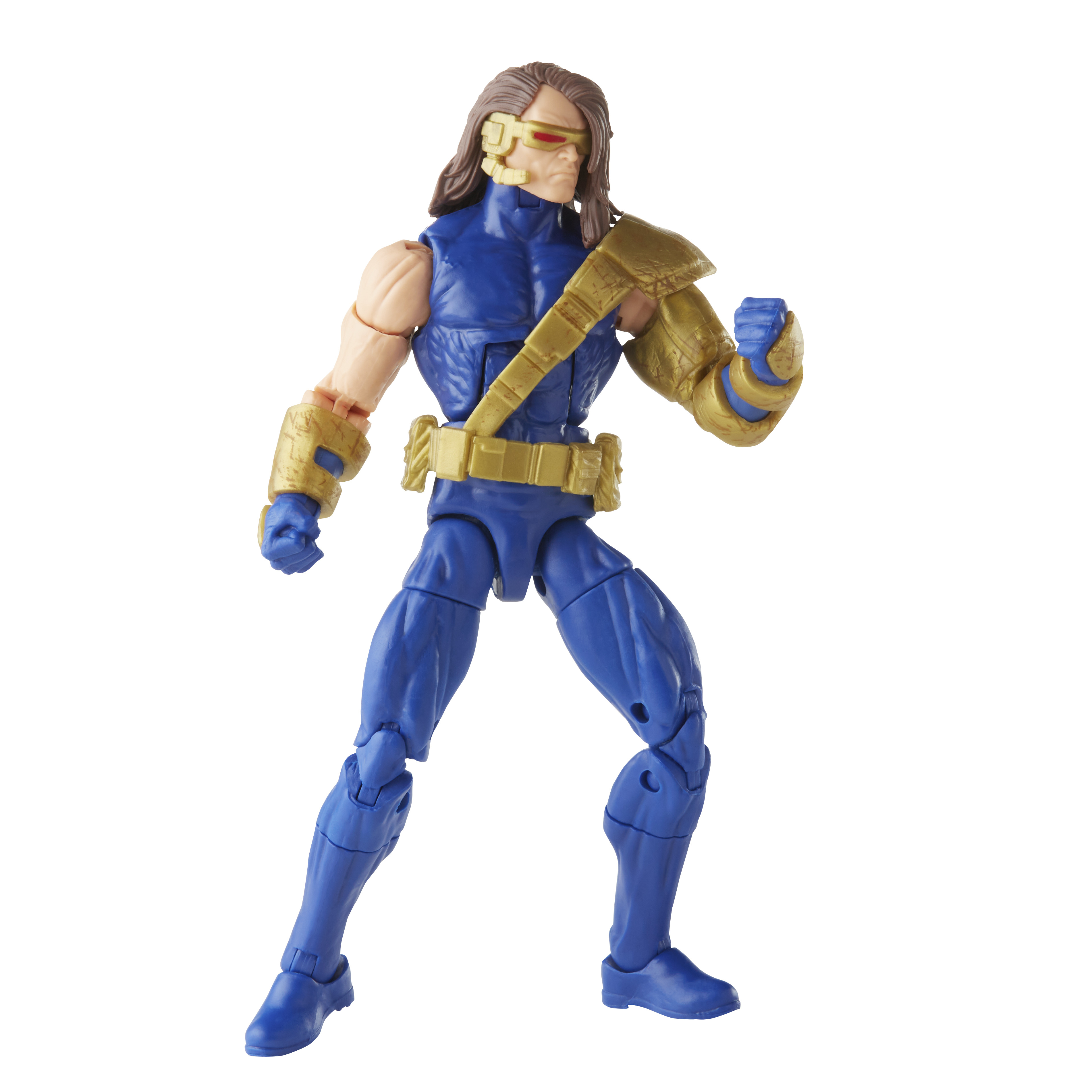 Una action figure di Ciclope in posa eroica. Indossa un abito blu con dettagli dorati. Lunghi capelli castani e visiera rossa.
