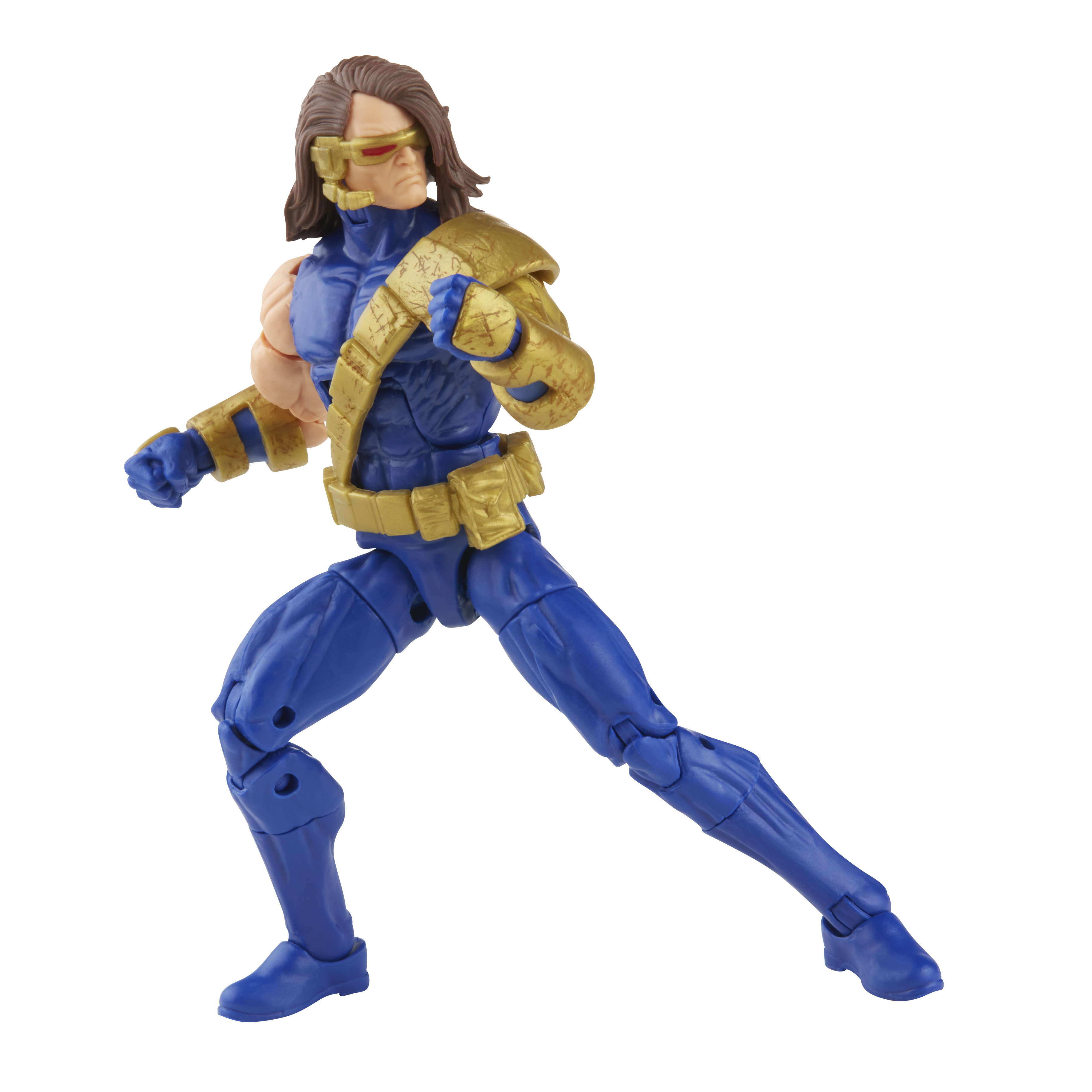 Action figure di un uomo in tuta blu con armatura dorata. Ha capelli castani, occhiali rossi ed è in posa da combattimento.