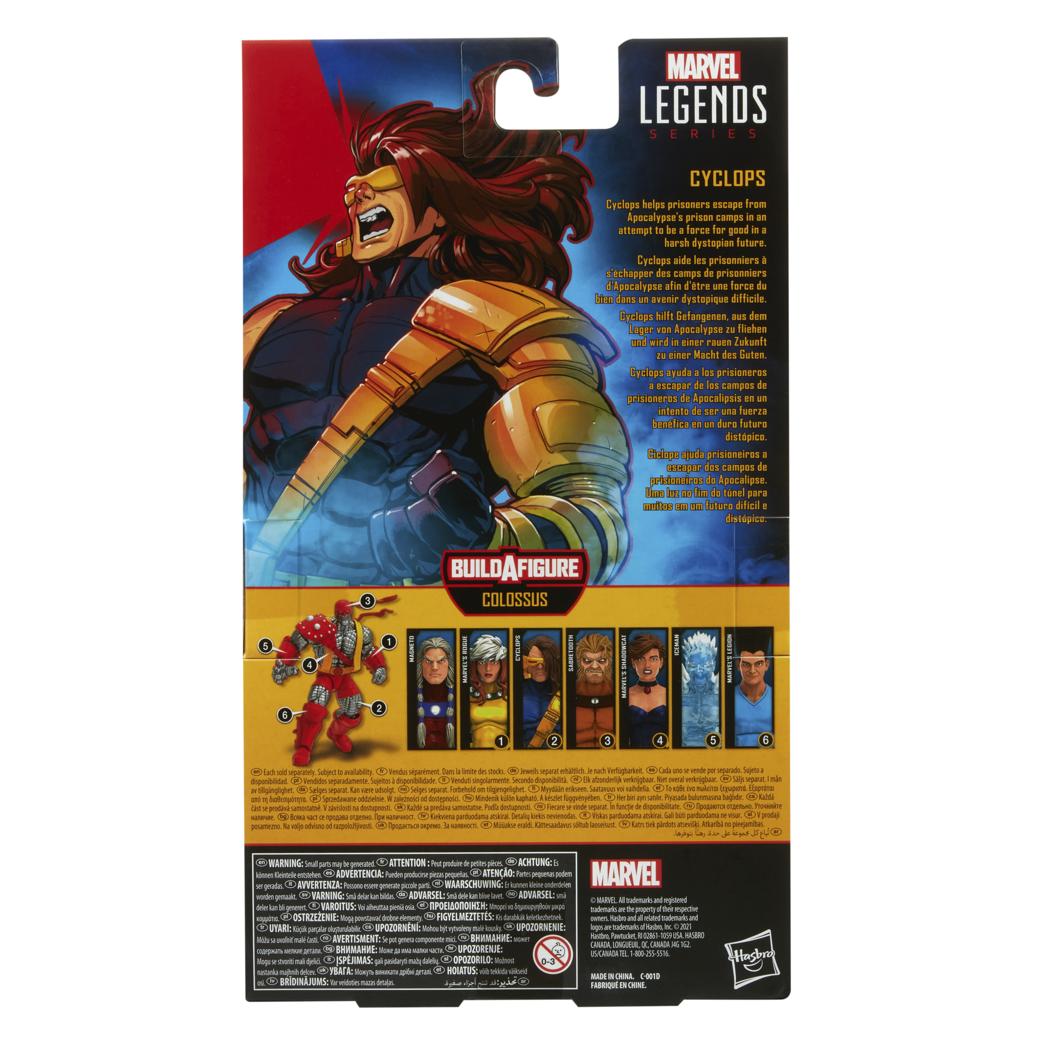 Una scatola di giocattoli con un personaggio di Ciclope, serie Marvel Legends e testo multilingue.